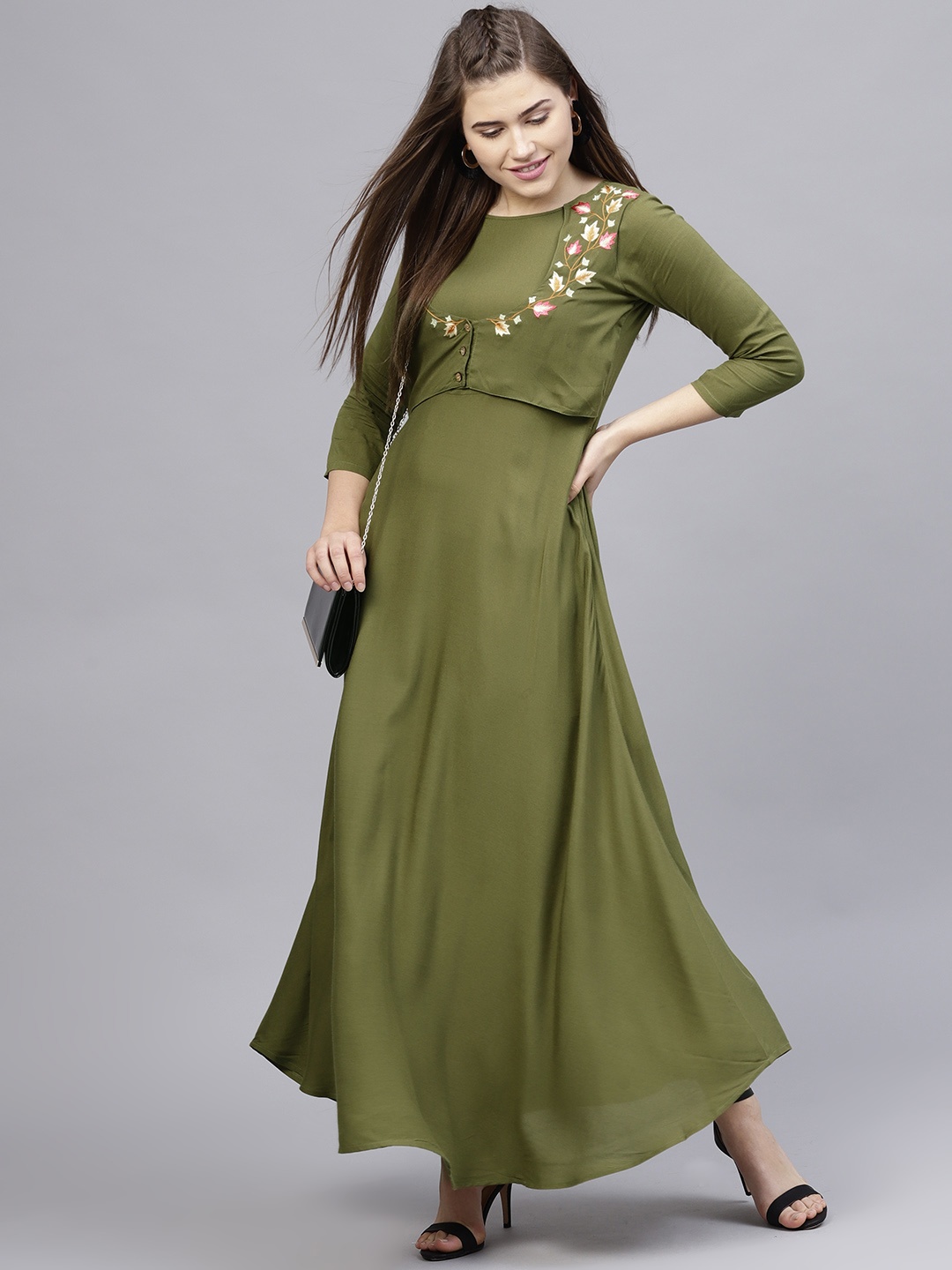 

Athena Women Olive Green Solid Layered Maxi Dress