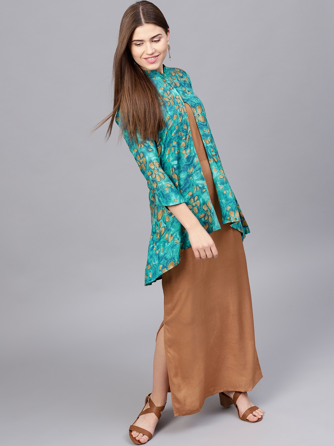 

Athena Women Brown & Turquoise Blue Solid Maxi Dress