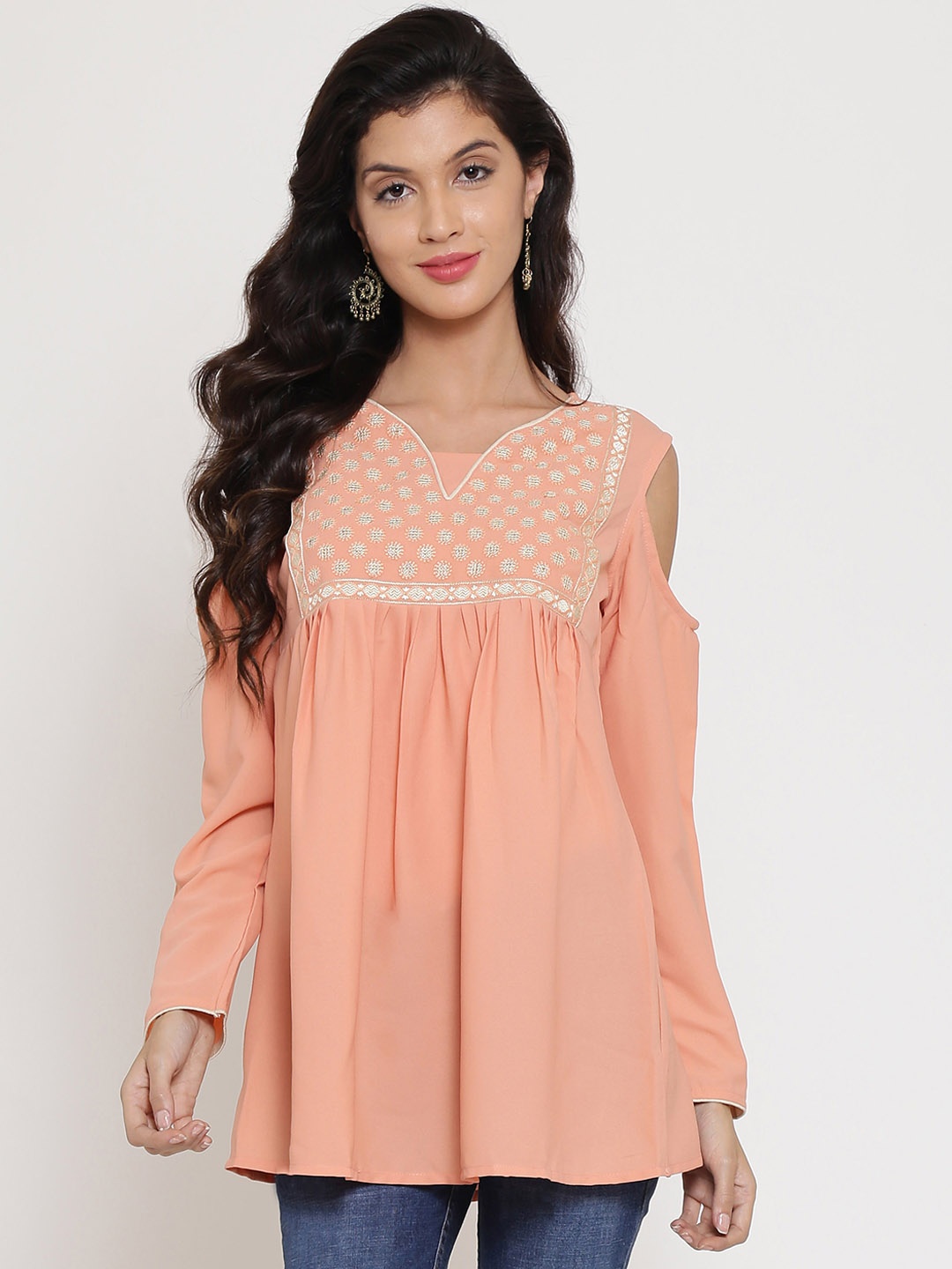 

Be Indi Women Peach-Coloured Self Design A-Line Longline Top