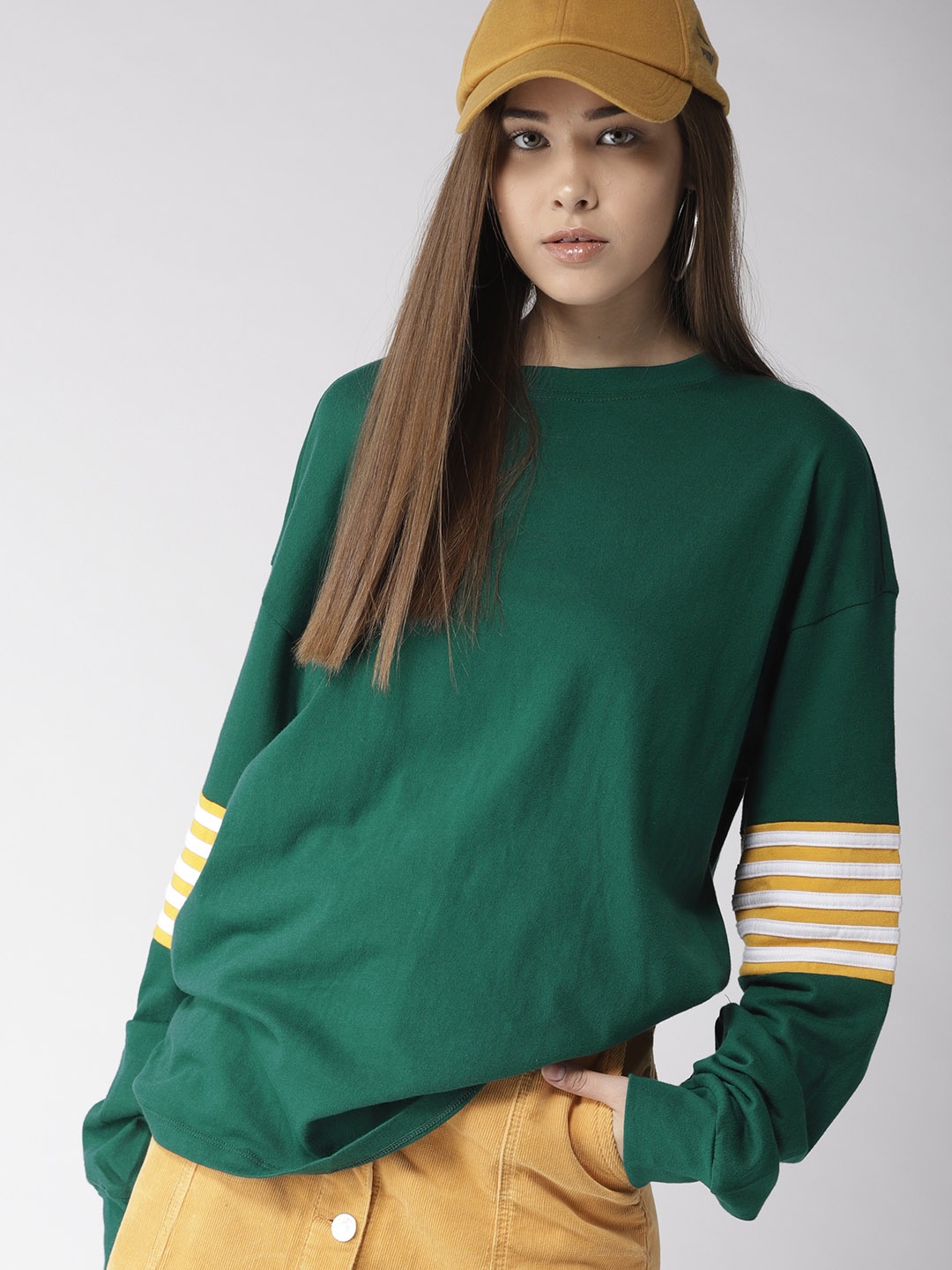 

FOREVER 21 Women Green Solid Round Neck Pure Cotton T-shirt with Striped Detail