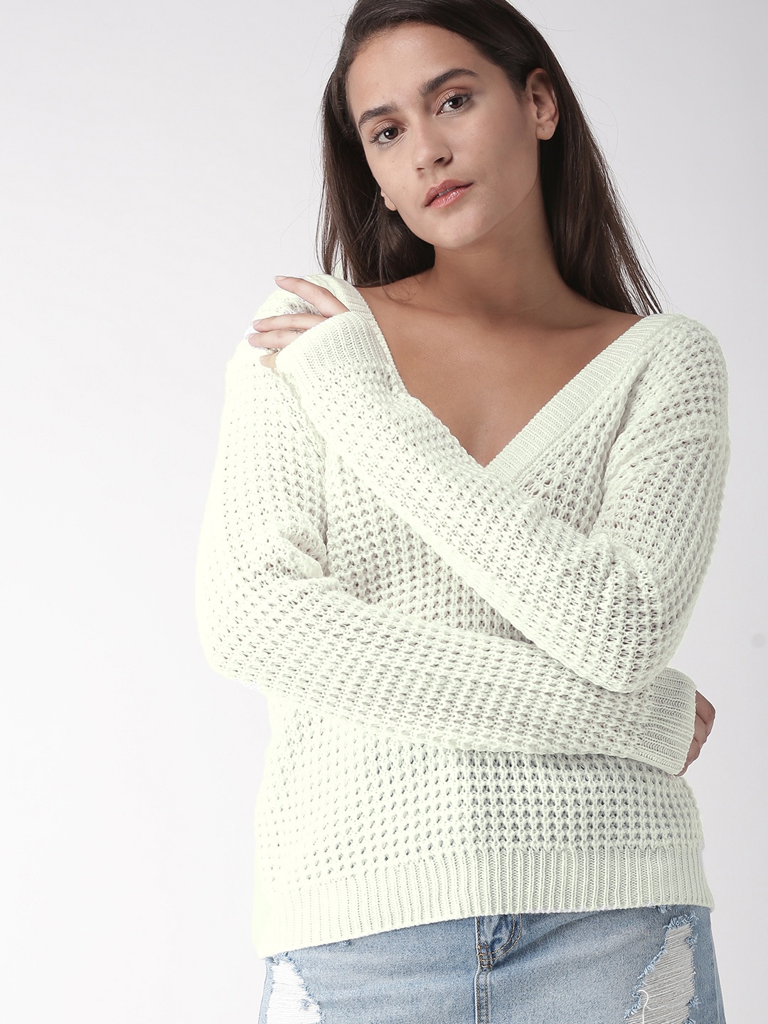 

FOREVER 21 Women Off-White Self Design Pullover