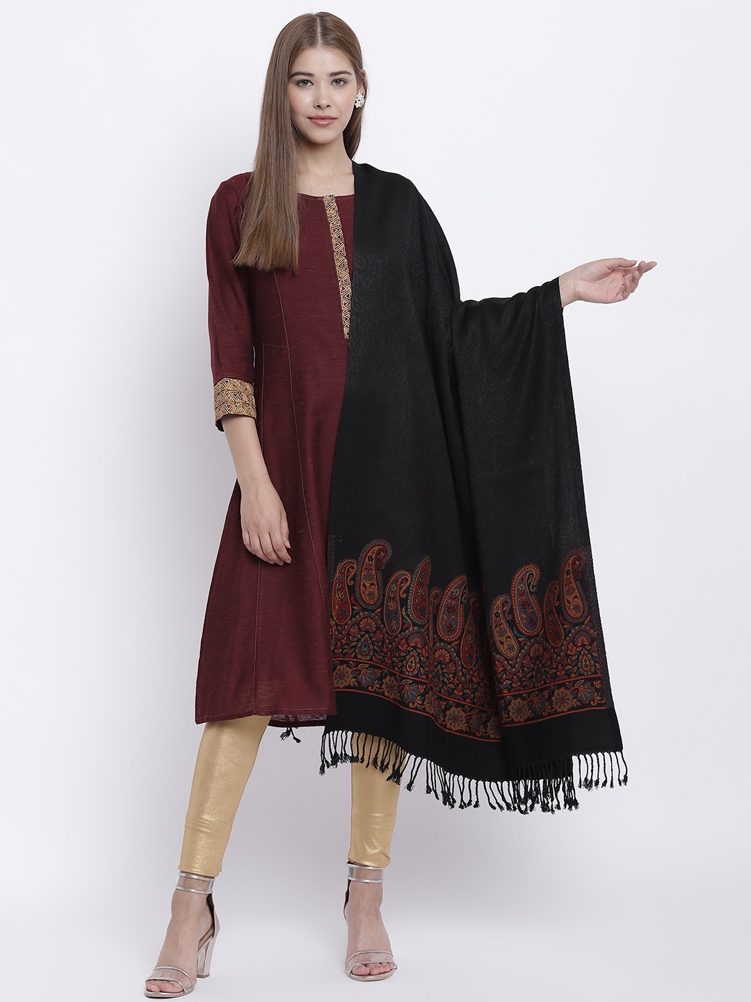 

HK colours of fashion Black Woven Design Shawl