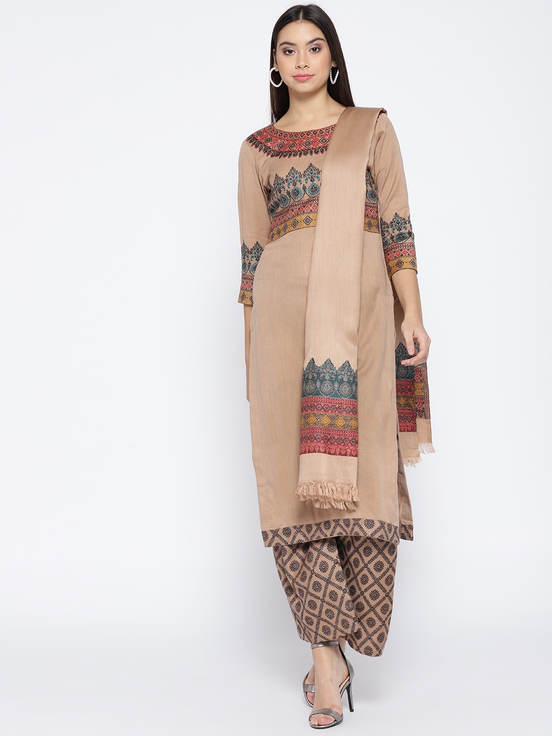 

HK colours of fashion Camel Brown Woollen Woven Liva Unstitched Dress Material