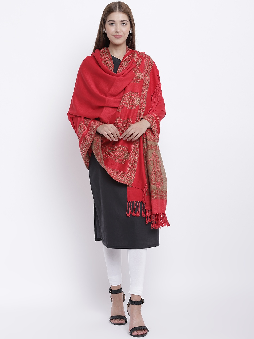 

HK colours of fashion Red Woven Design Shawl