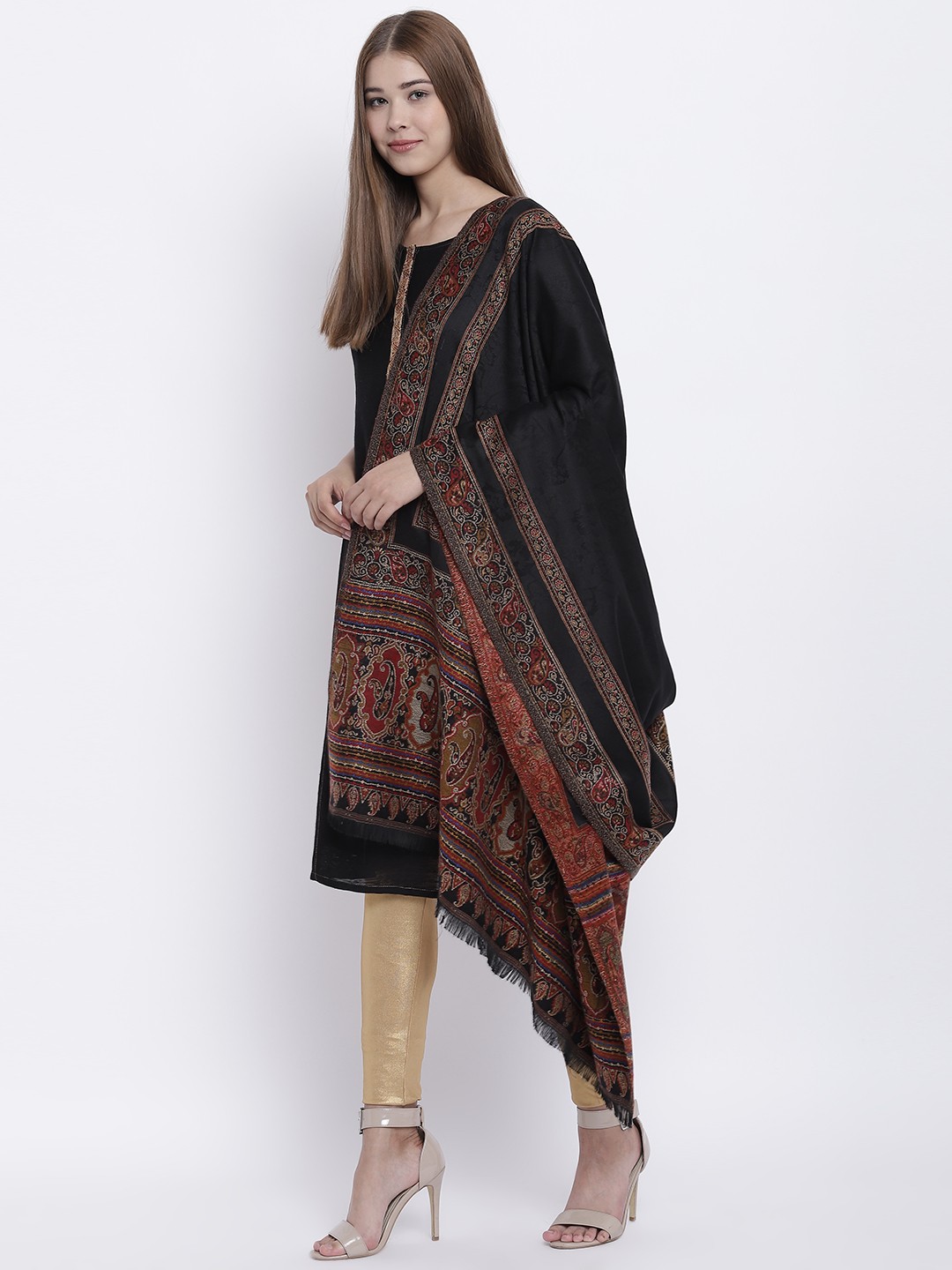 

HK colours of fashion Women Black Woven Design Shawl