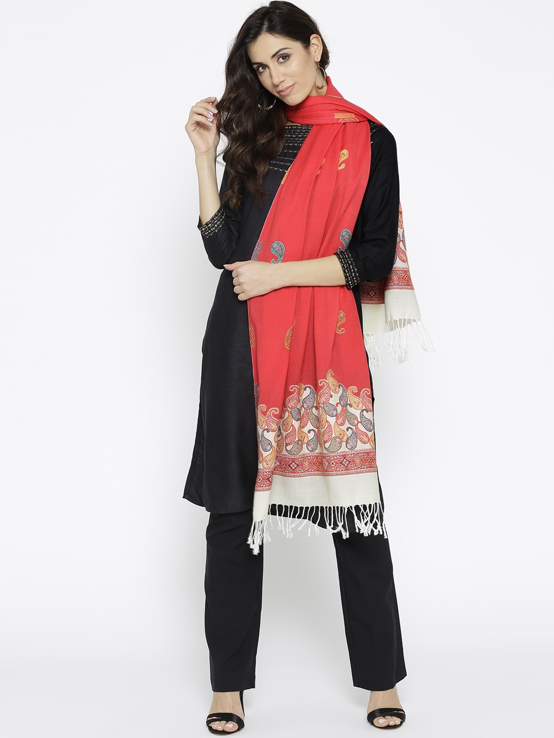 

HK colours of fashion Women Coral Pink Woven Design Stole