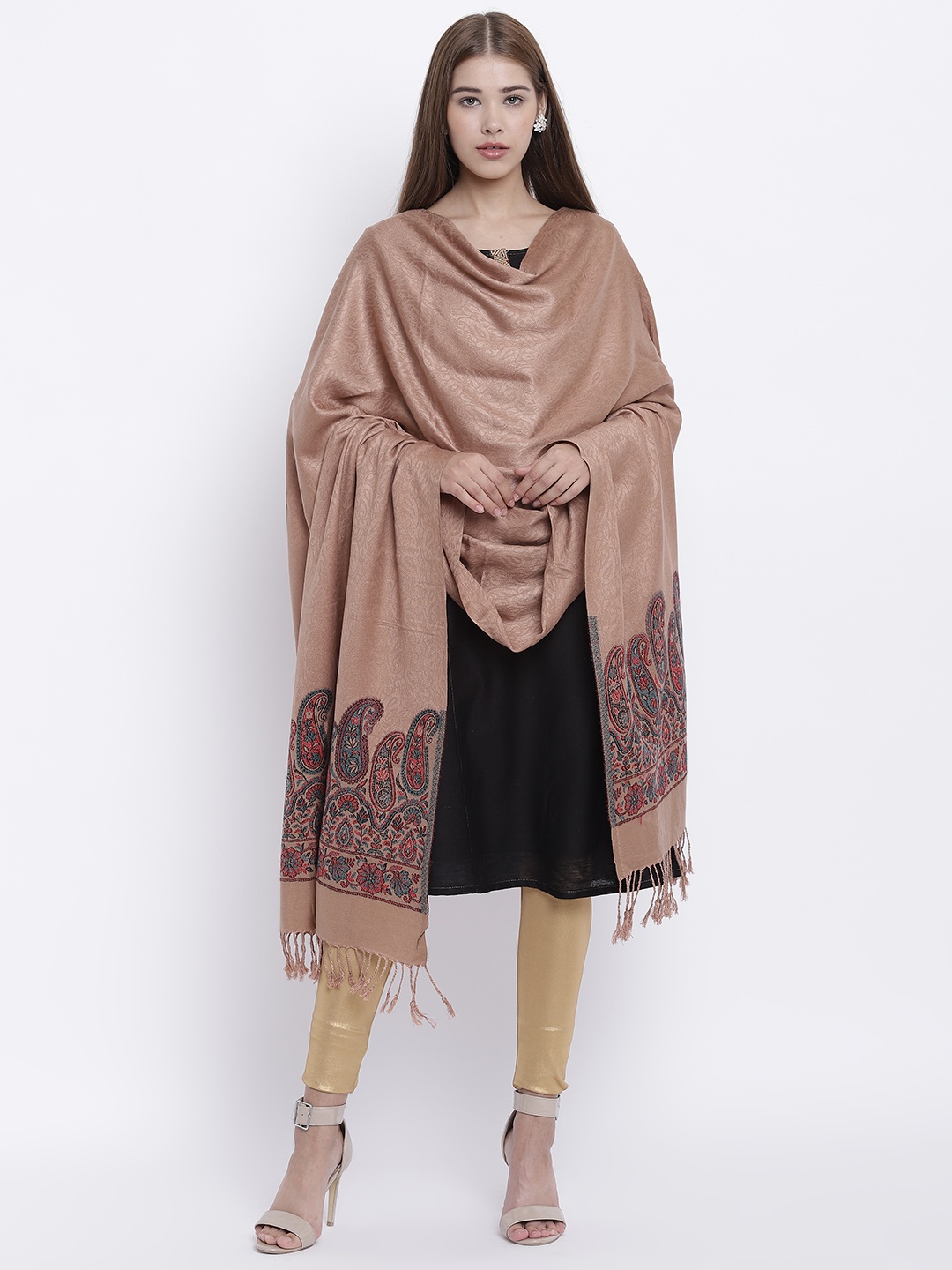 

HK colours of fashion Camel Brown & Red Woven Design Shawl