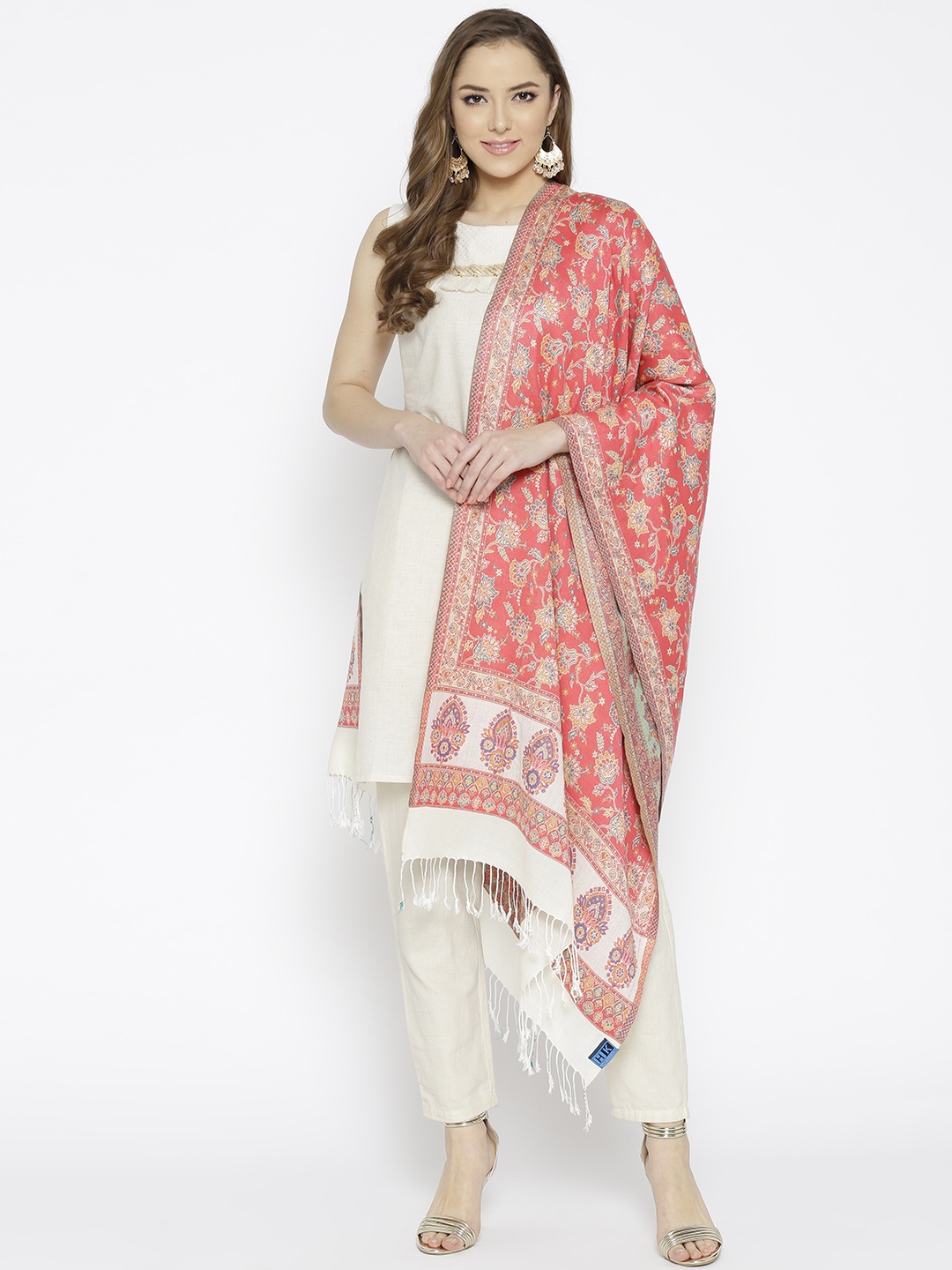 

HK colours of fashion Women Coral Pink Woven Design Stole
