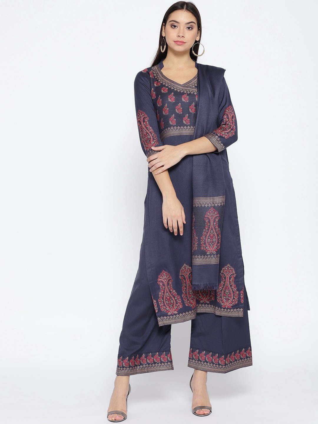 

HK colours of fashion Grey Woollen Woven Liva Unstitched Dress Material