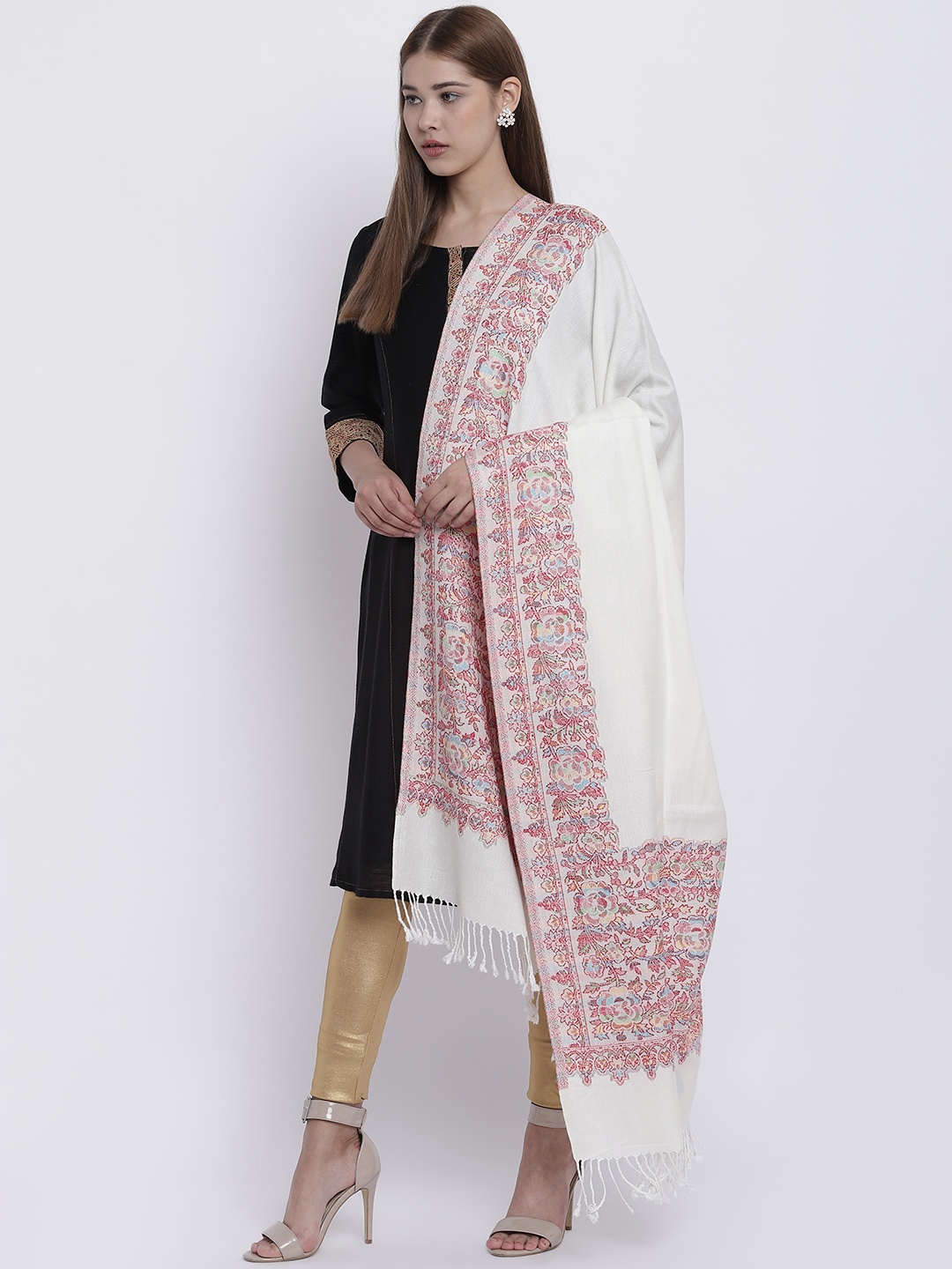 

HK colours of fashion Off-White & Red Woven Design Shawl