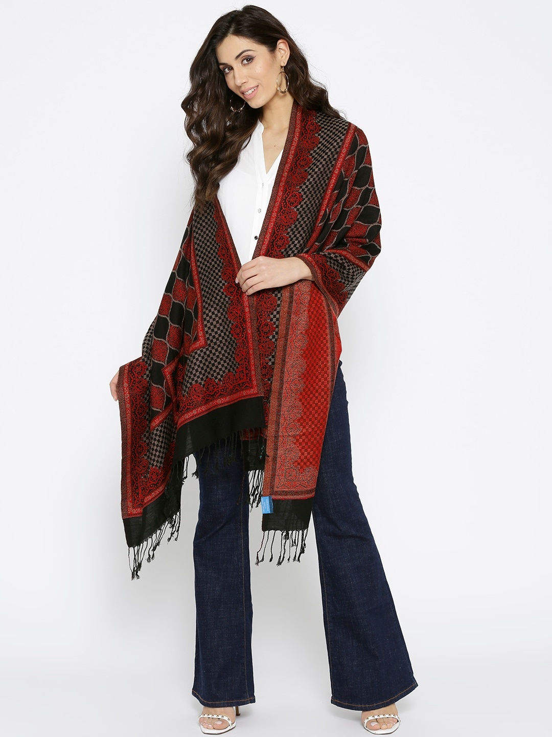

HK colours of fashion Women Black & Red Woven Design Stole