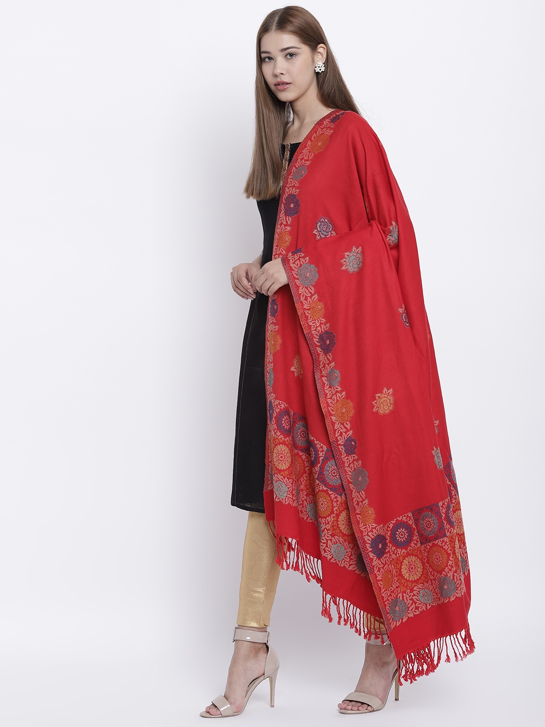 

HK colours of fashion Women Red Woven Design Shawl