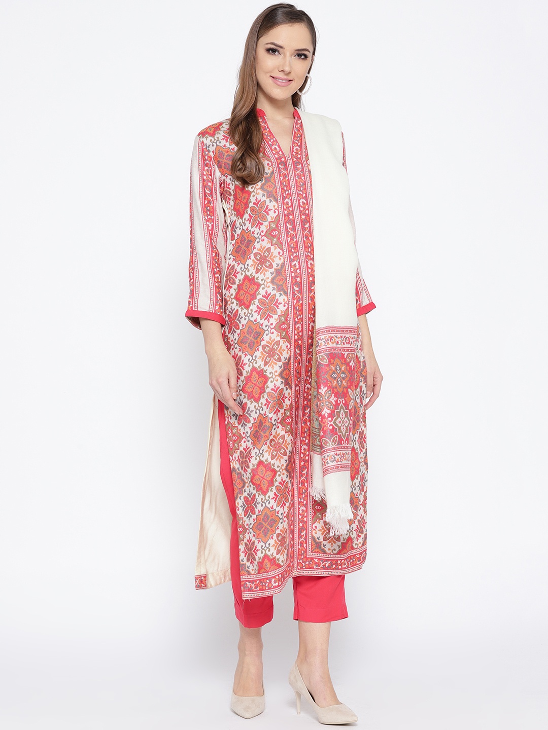 

HK colours of fashion Off-White & Pink Woollen Woven Liva Unstitched Dress Material