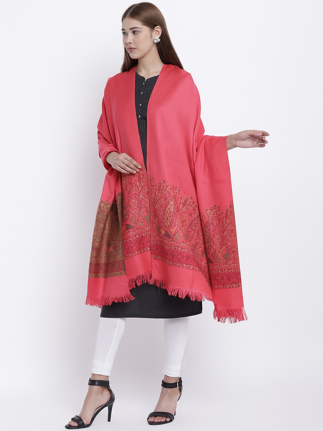 

HK colours of fashion Coral Pink Woven Design Shawl