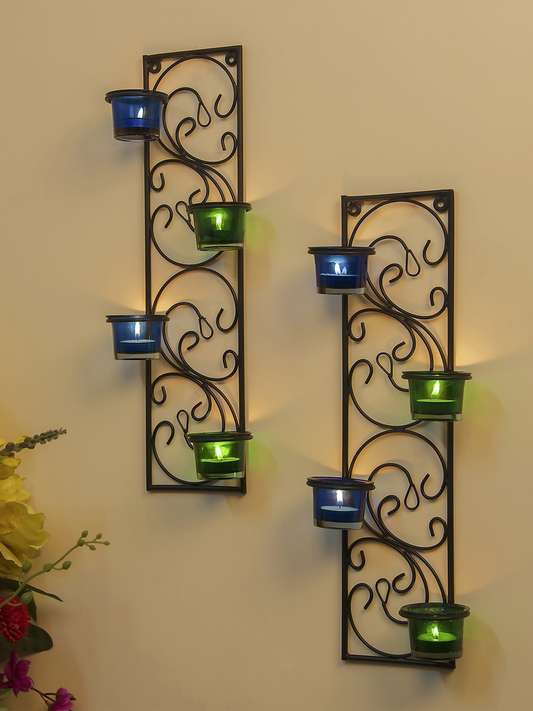

Home Sparkle Blue & Green Tealight Candle Holders with 8 Glass Cups