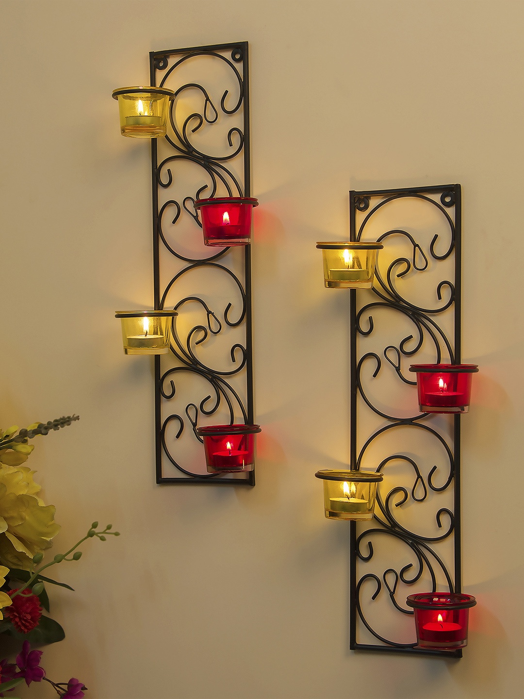

Homesake Red & Yellow Tealight Candle Holders with 8 Glass Cups