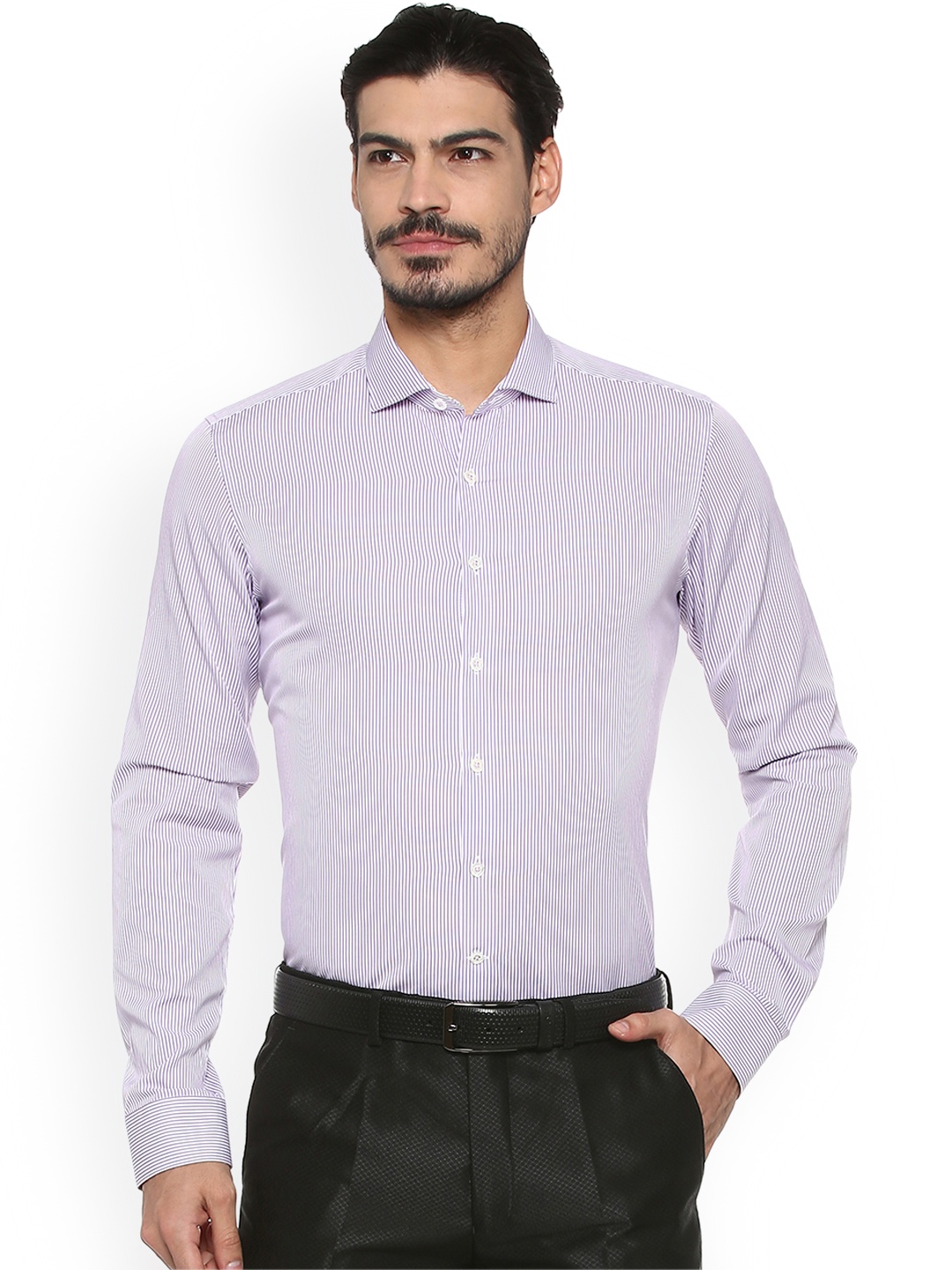 

SIMON CARTER LONDON Men Lavender & White Slim Fit Striped Formal Shirt