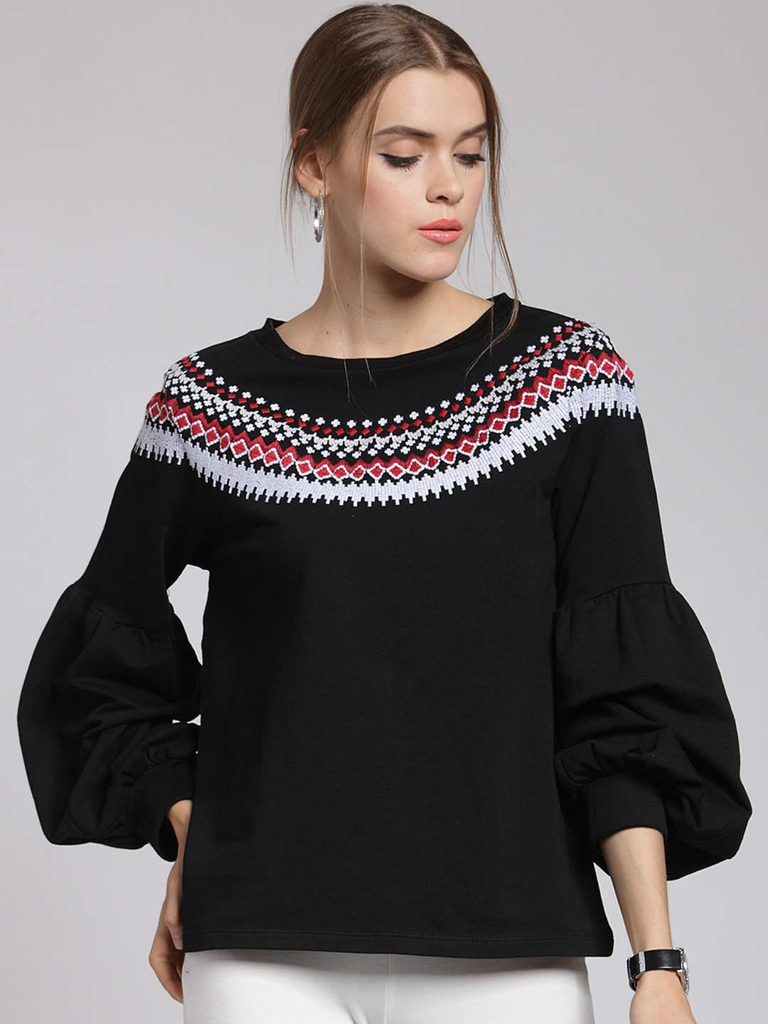 

plusS Women Black Embroidered Sweatshirt