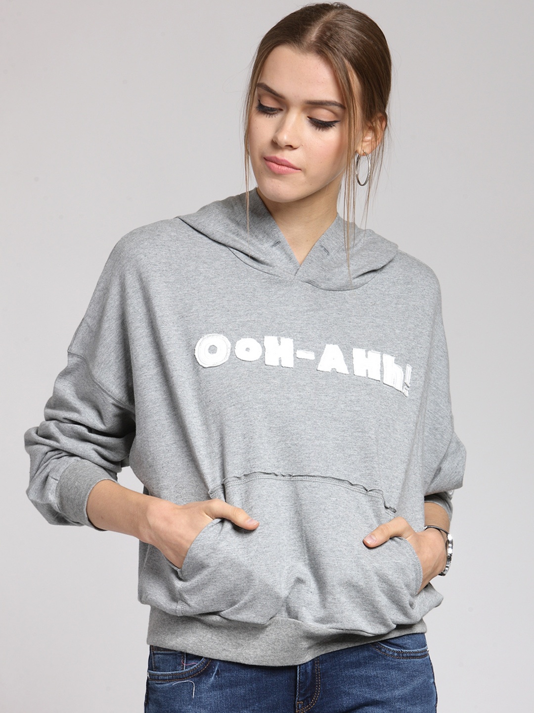 

plusS Women Grey Solid Hooded Sweatshirt