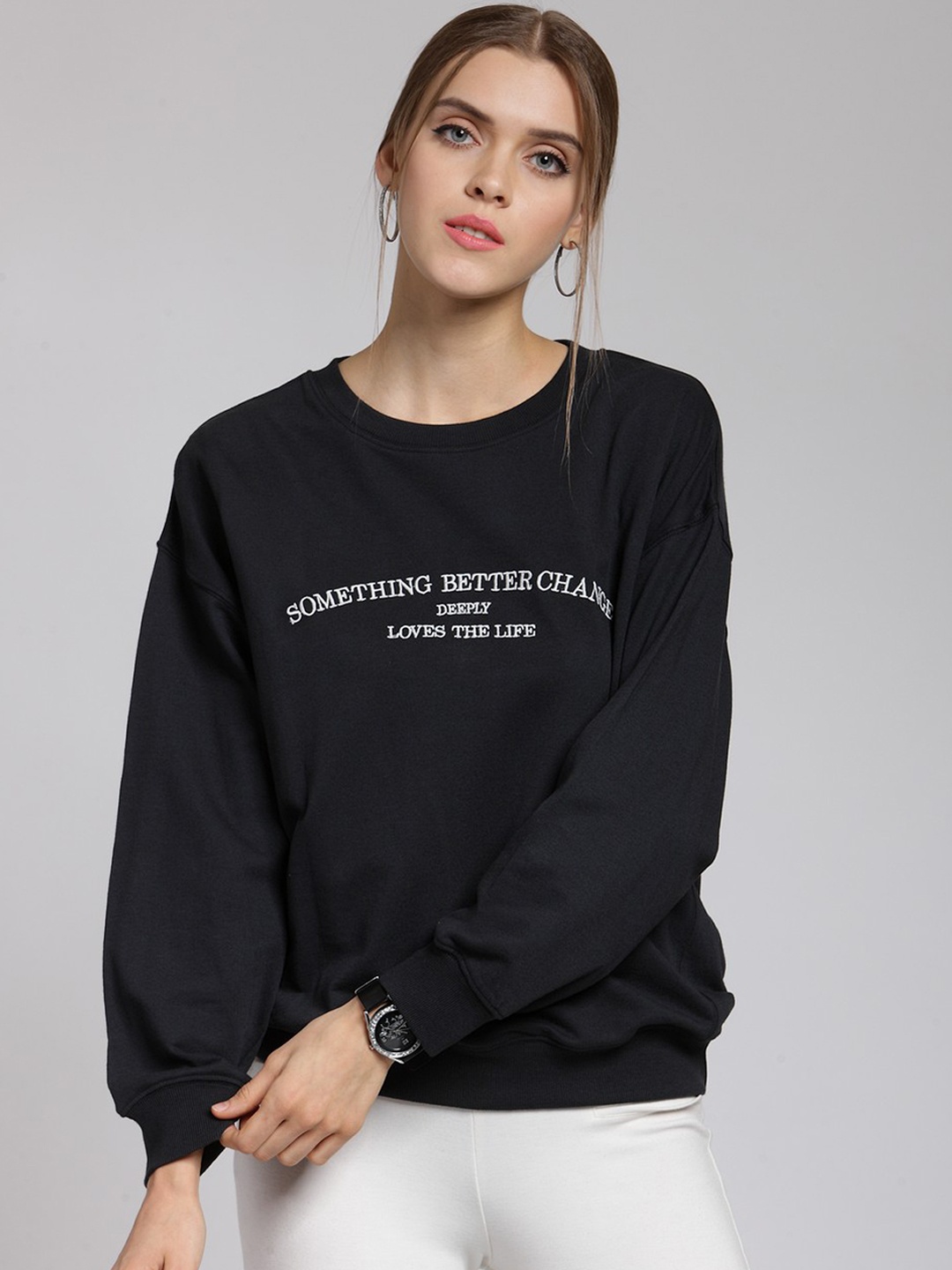 

plusS Women Black Printed Sweatshirt