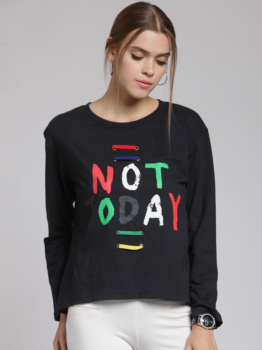 

plusS Women Black Printed Sweatshirt