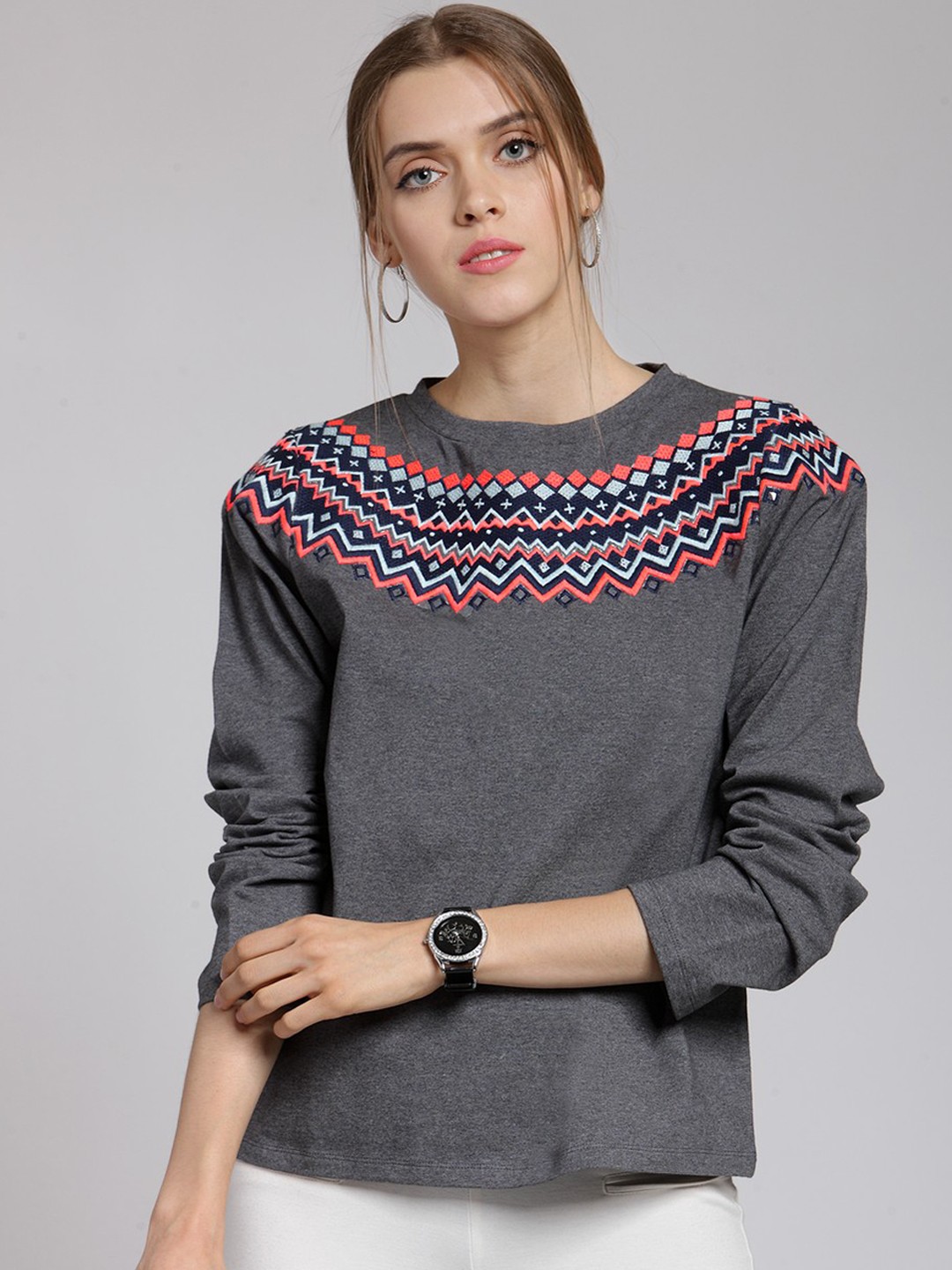 

plusS Women Charcoal Grey Embroidered Sweatshirt