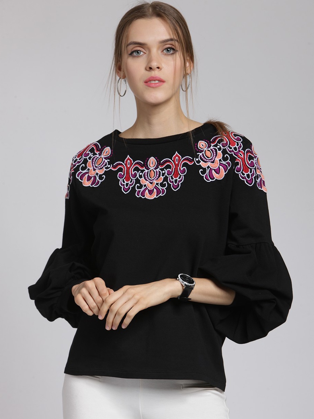 

plusS Women Black & Pink Embroidered Sweatshirt
