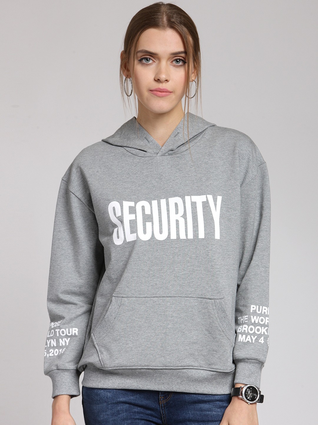 

plusS Women Grey & White Printed Hooded Sweatshirt