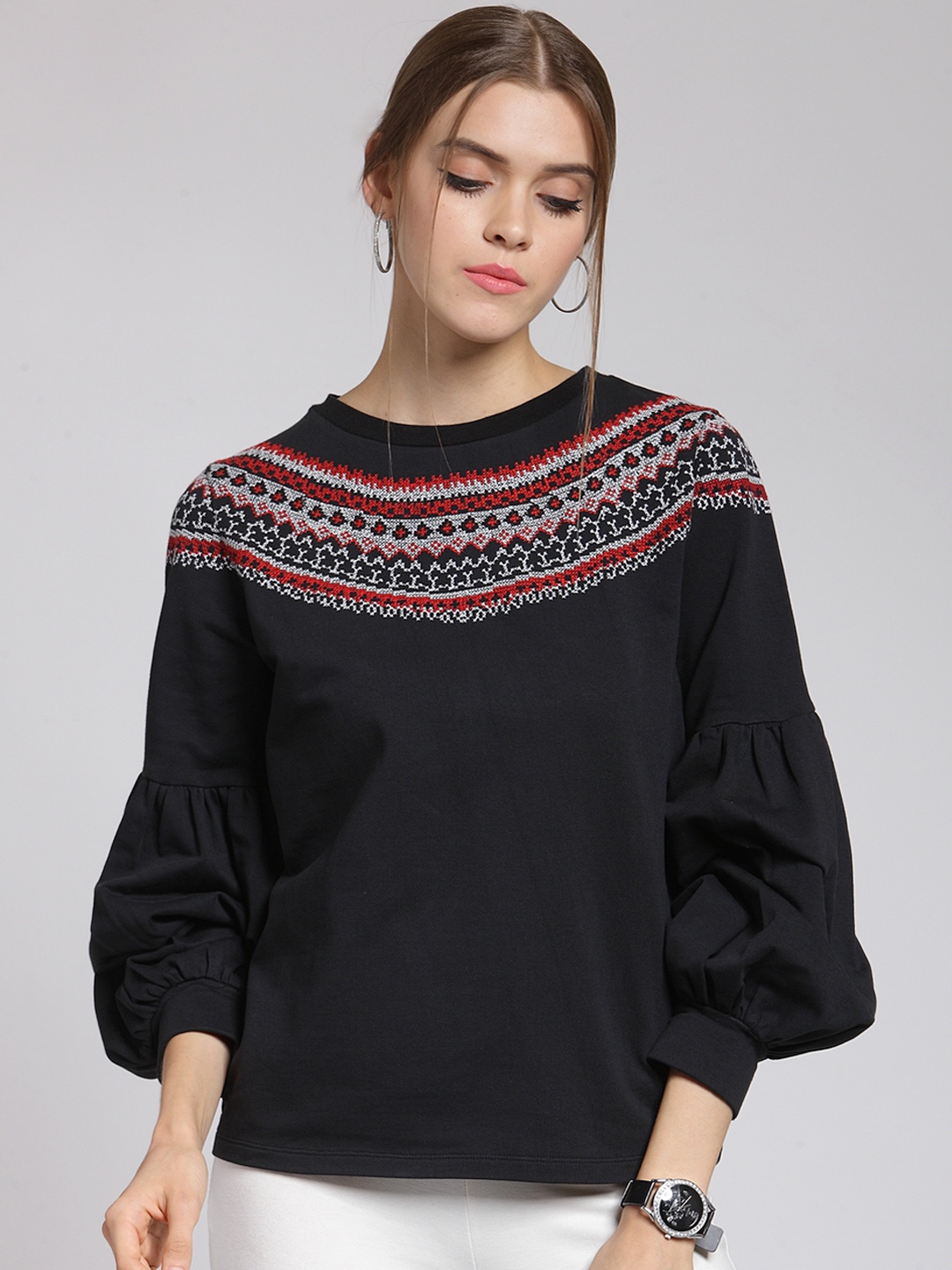 

plusS Women Black & Red Self Design Sweatshirt