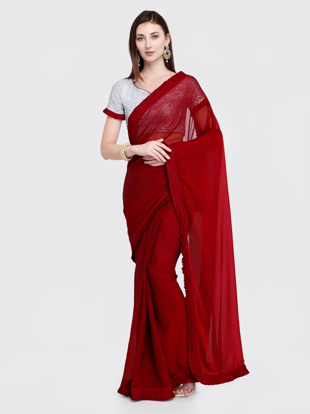 

Aasvaa Maroon Embroidered Pure Chiffon Saree