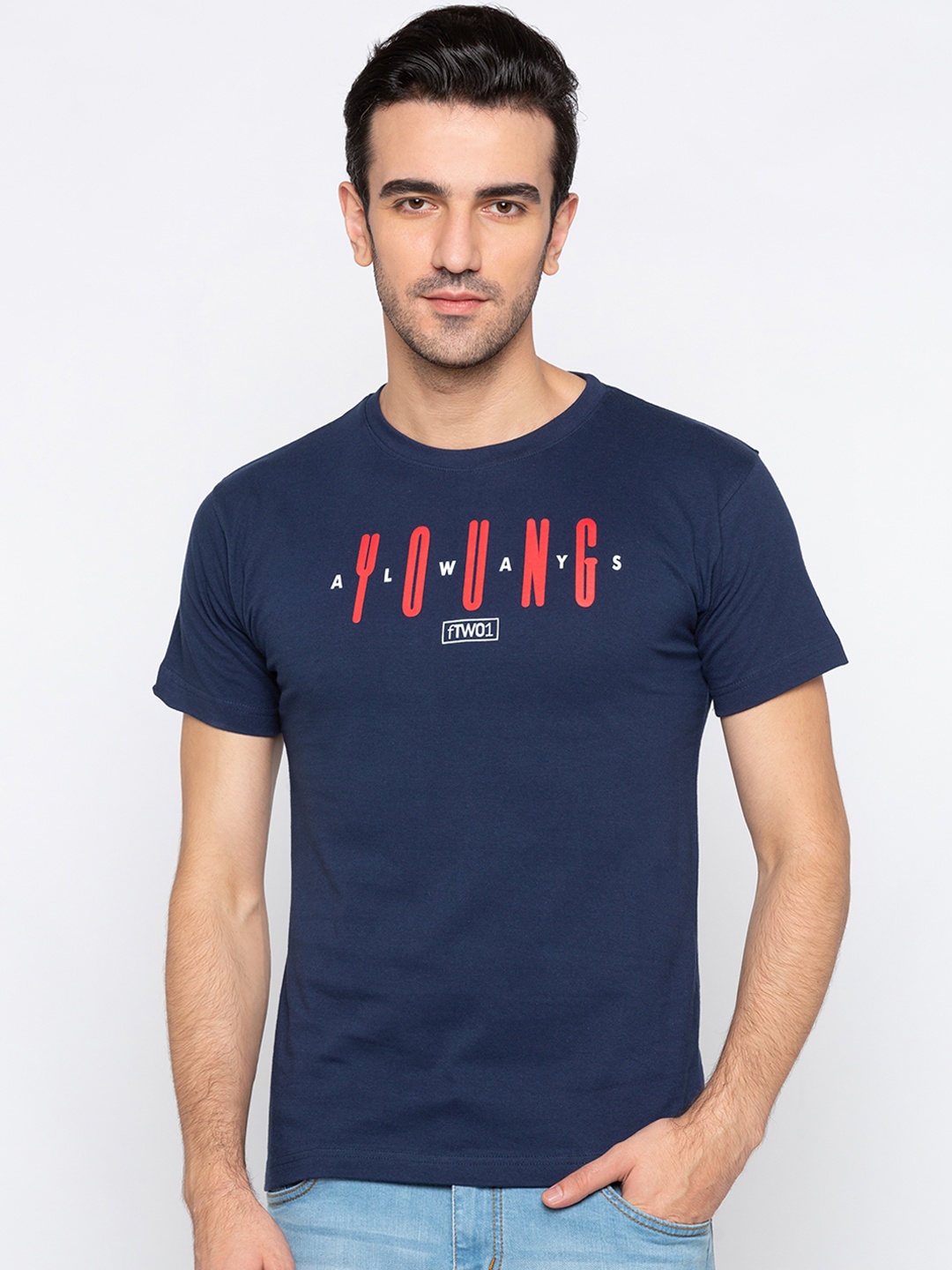 

Globus Men Navy Blue Printed Round Neck T-shirt