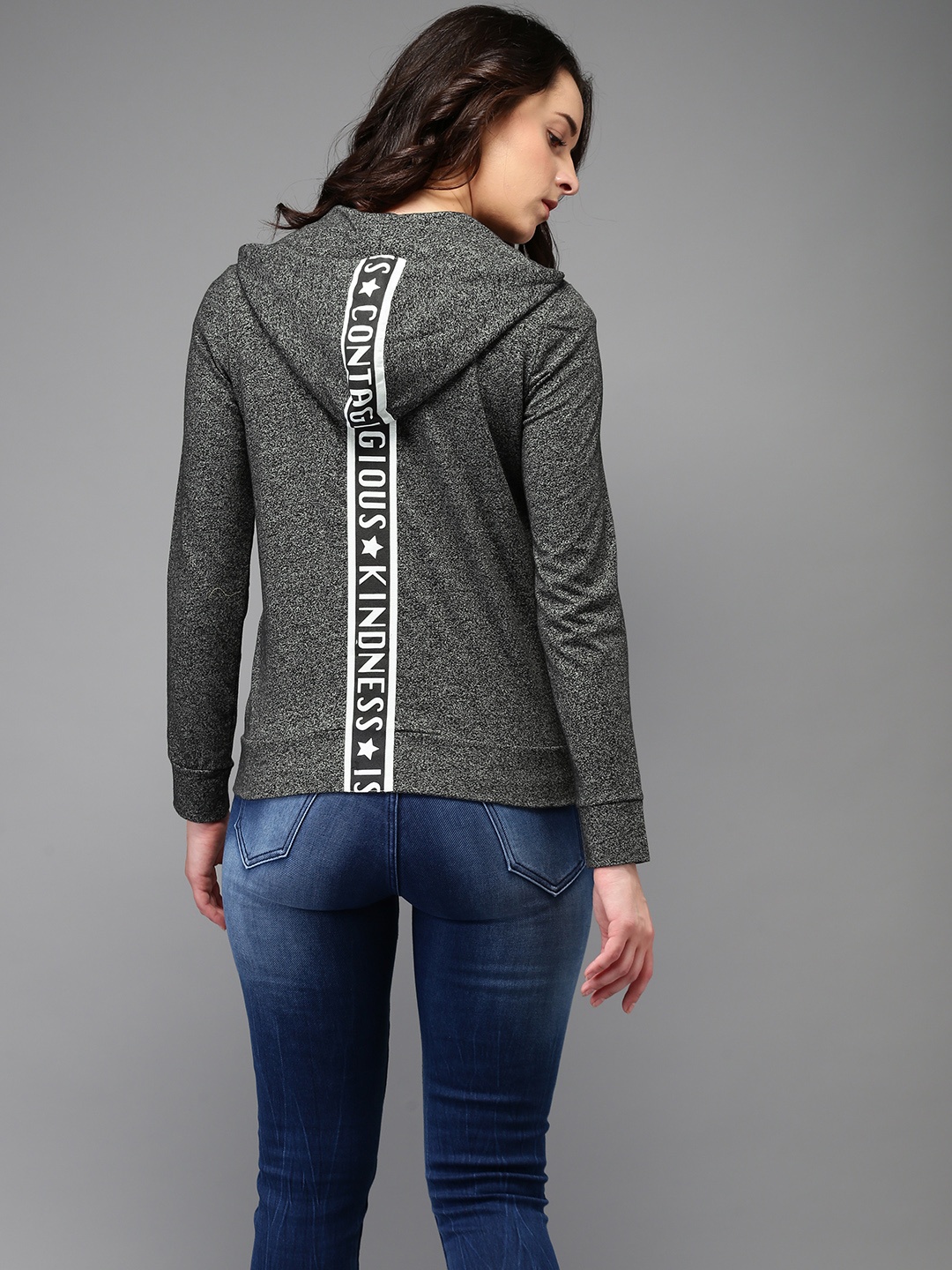 

Flying Machine Women Black & Grey Solid Hooded Sweatshirt