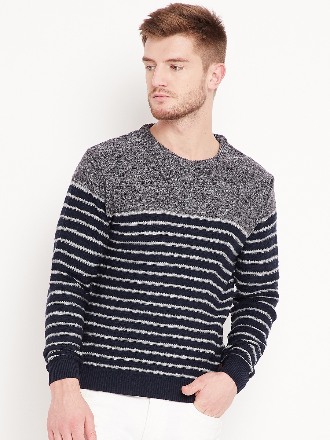 

Duke Stardust Men Navy Blue & Grey Striped Sweater