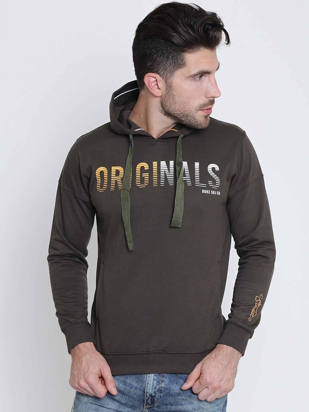 

Duke Stardust Men Olive Green Solid Hooded Sweatshirt
