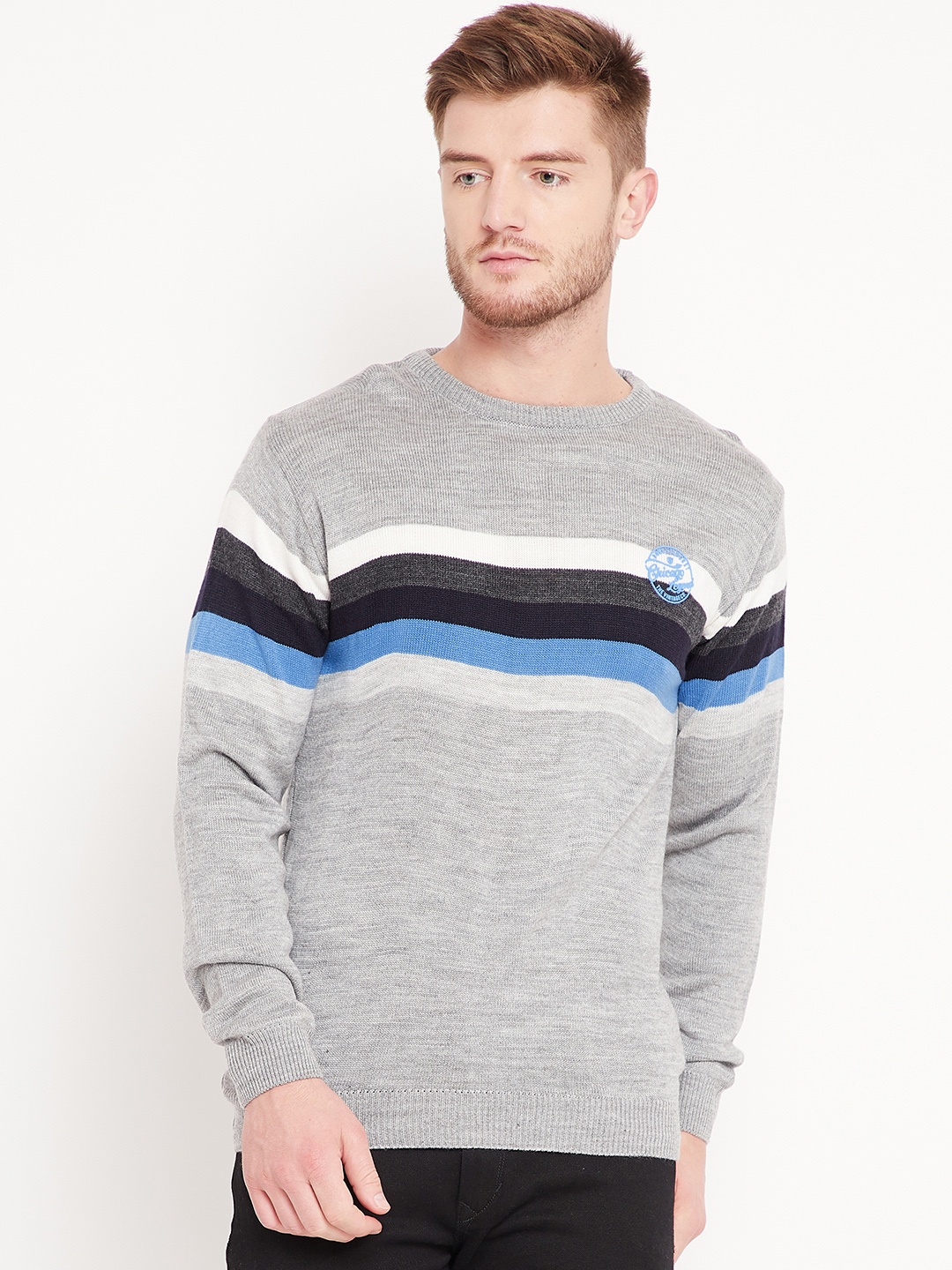 

Duke Stardust Men Grey Melange Striped Pullover