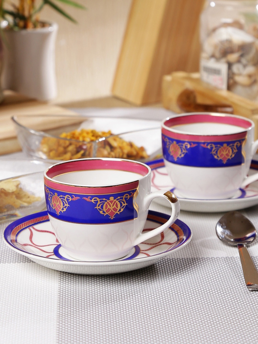 

CLAY CRAFT White & Purple 12-Pieces Printed Bone China Cups and Saucers Set