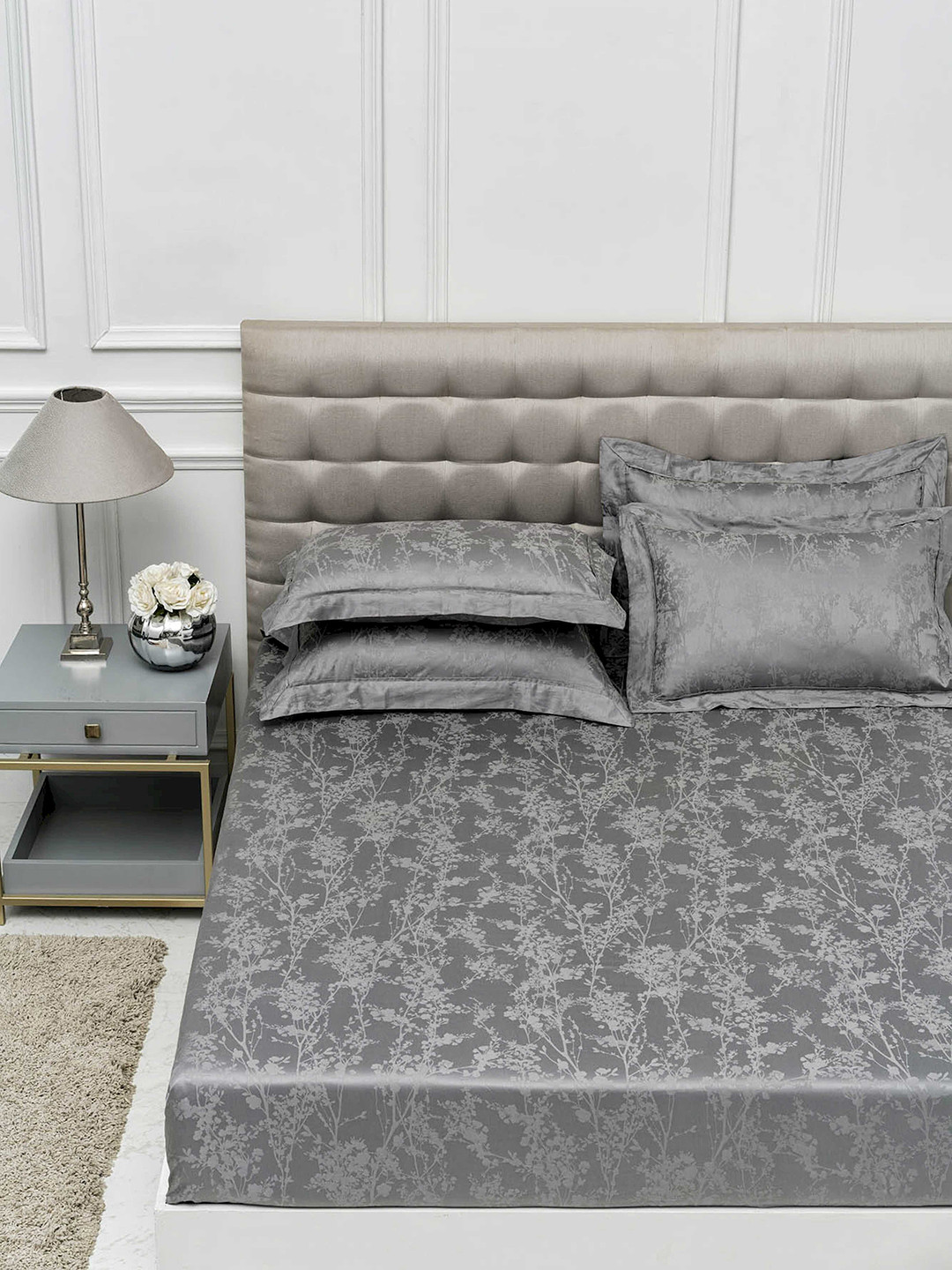 

DDecor Grey Floral Flat 400 TC Cotton 1 King Bedsheet with 2 Pillow Covers