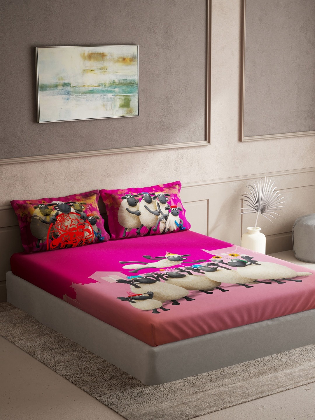 

DDecor Pink Cartoon Characters Flat 180 TC Cotton 1 Queen Bedsheet with 2 Pillow Covers