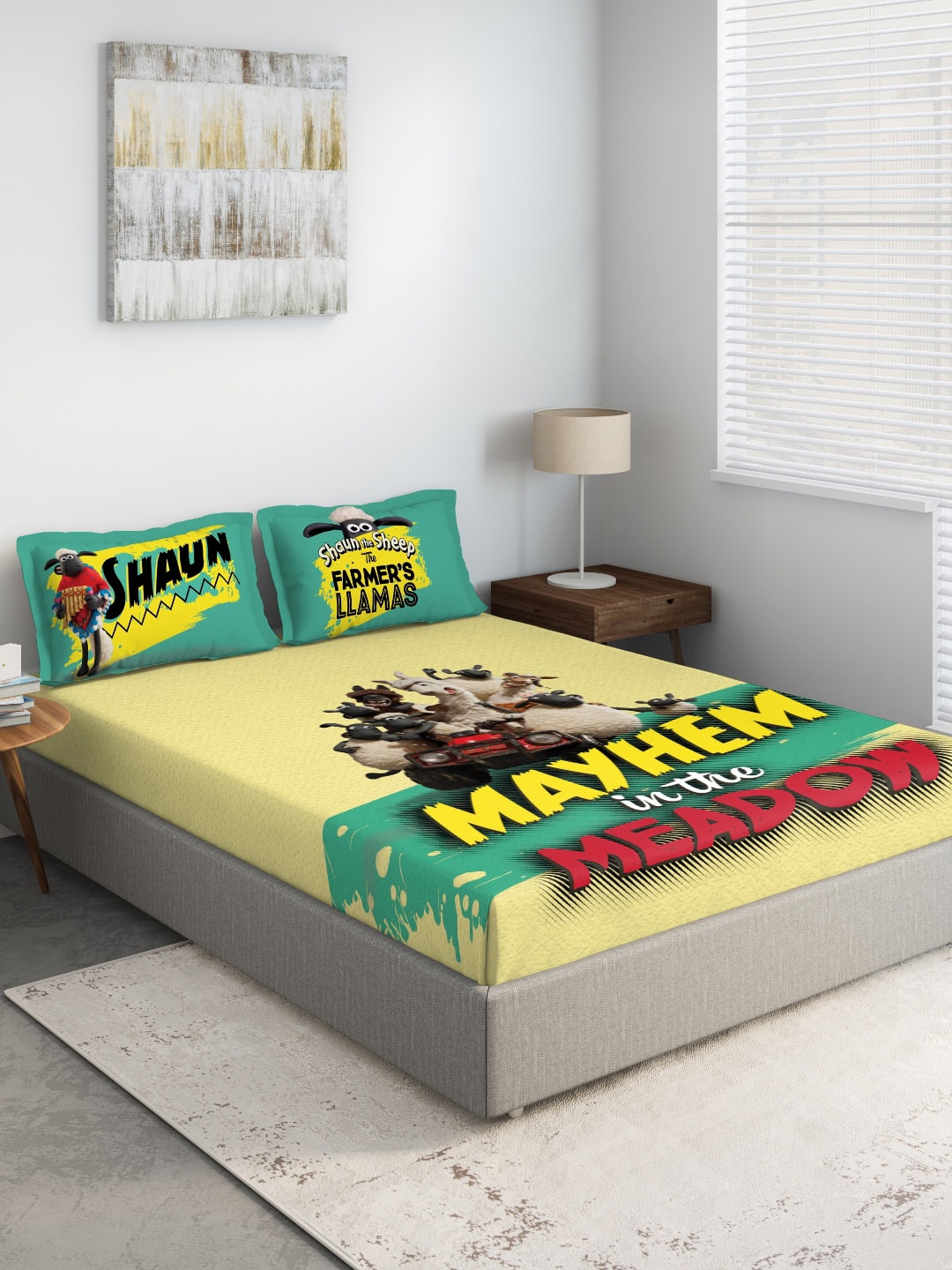 

DDecor Yellow & Green Cartoon Characters Flat 210 TC Queen Bedsheet with 2 Pillow Covers