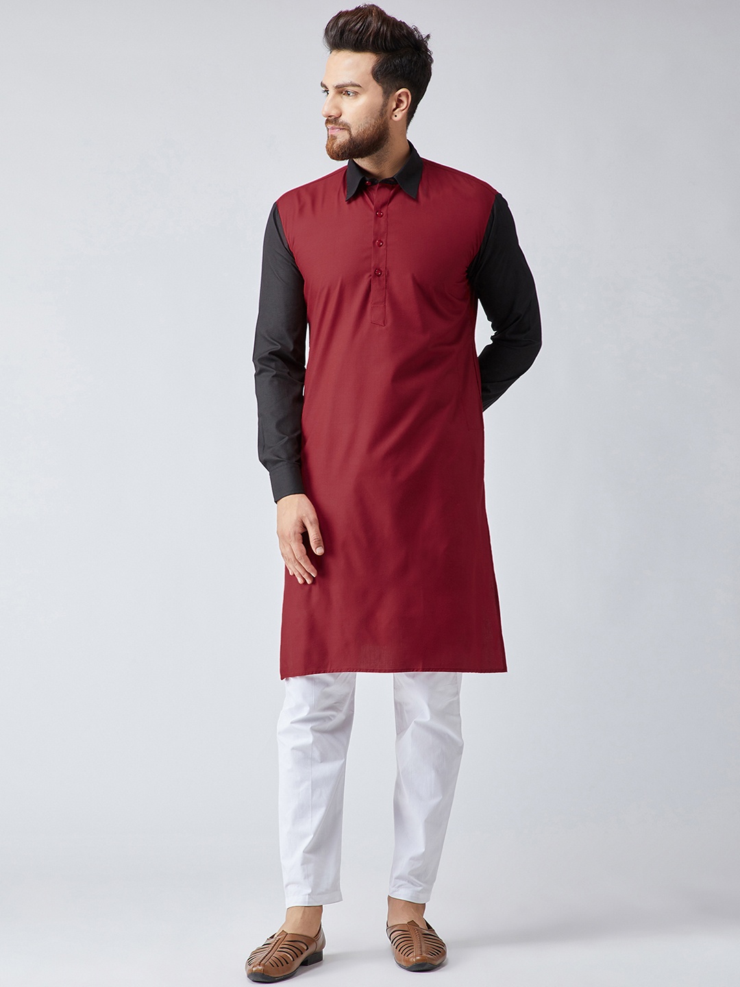 

SOJANYA Men Maroon & White Solid Kurta with Pyjamas