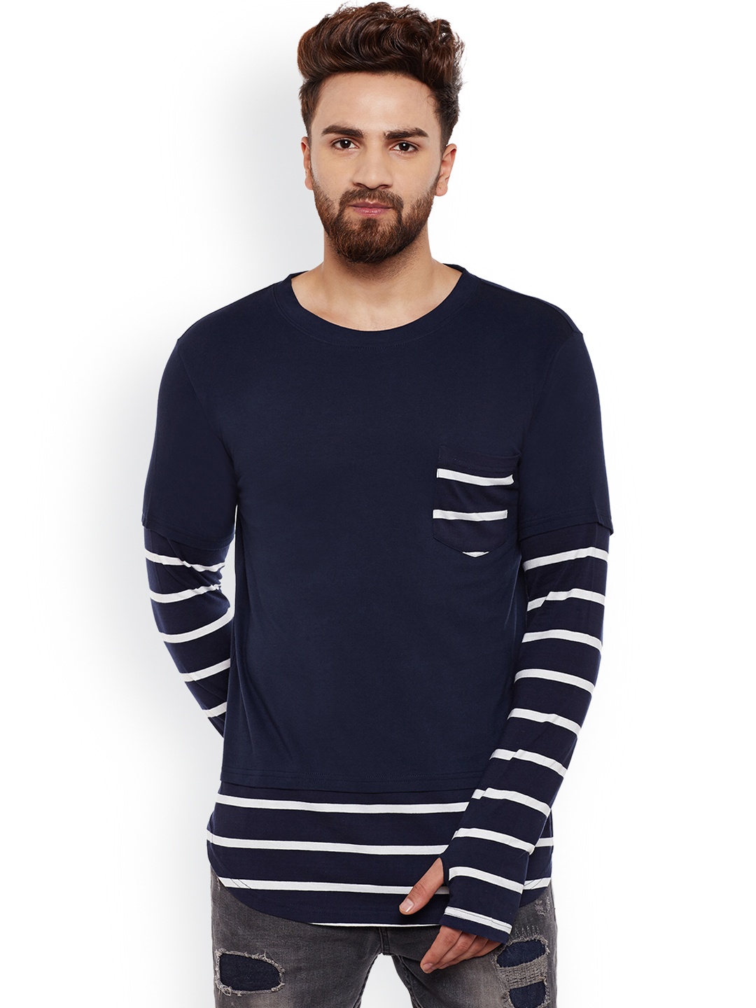 

Hypernation Men Blue Striped Round Neck Pure Cotton T-shirt