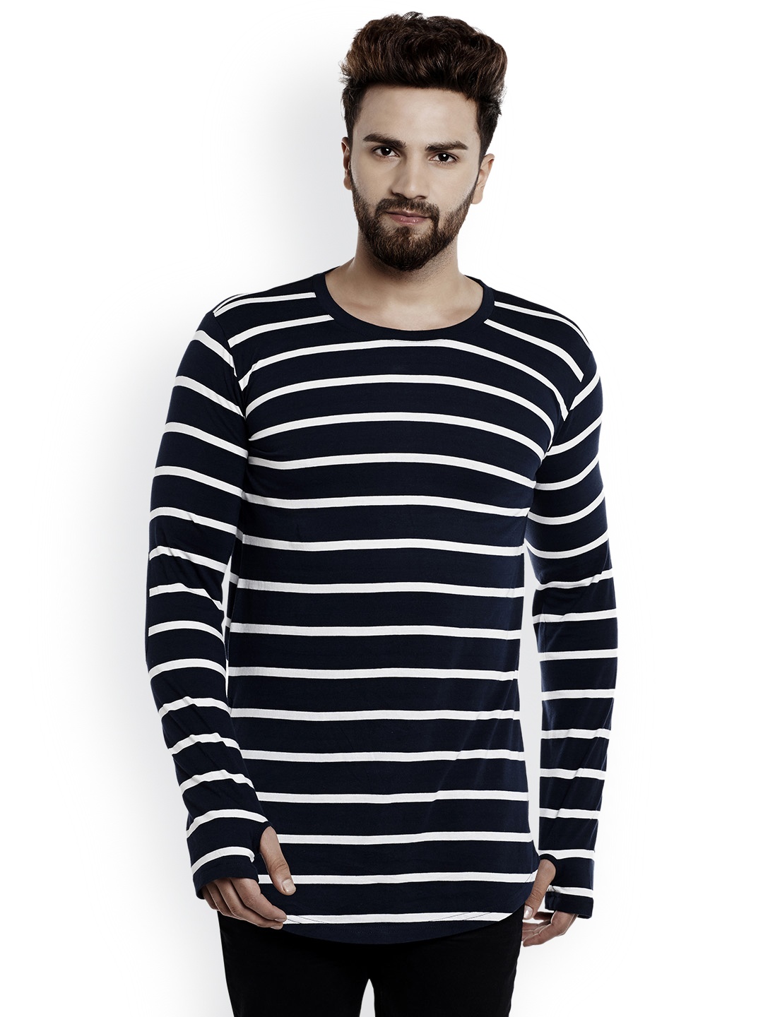 

Hypernation Men Navy Blue Striped Round Neck Pure Cotton T-shirt