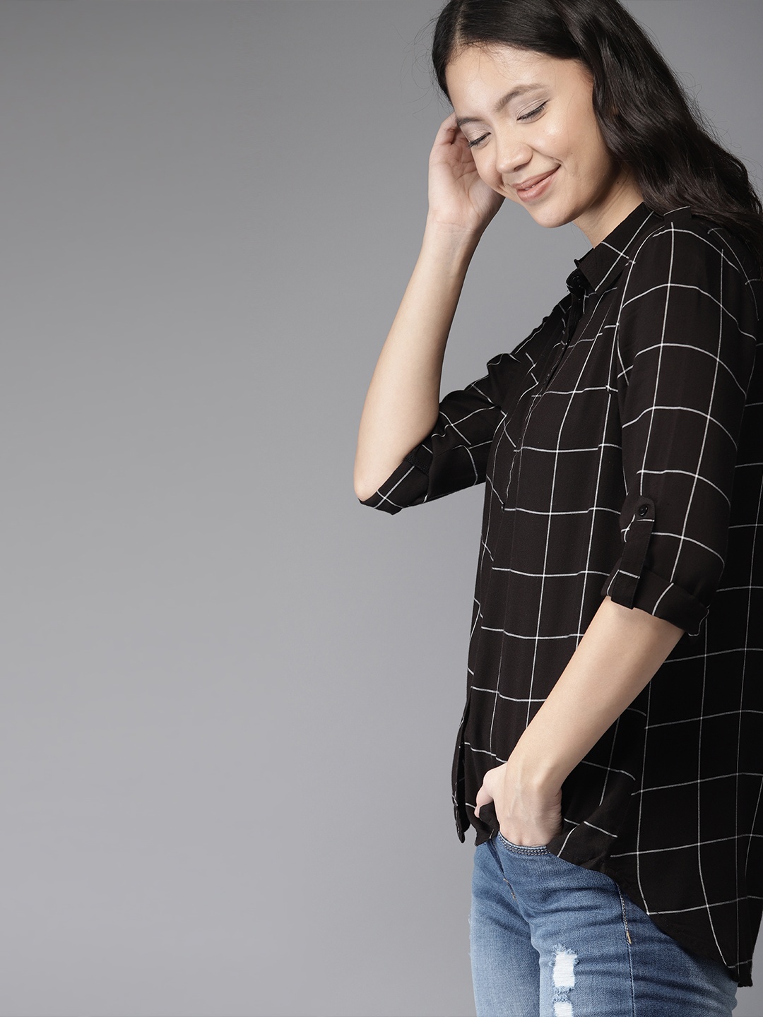 

HERE&NOW Women Black & White Checked High-Low Hem Casual Shirt