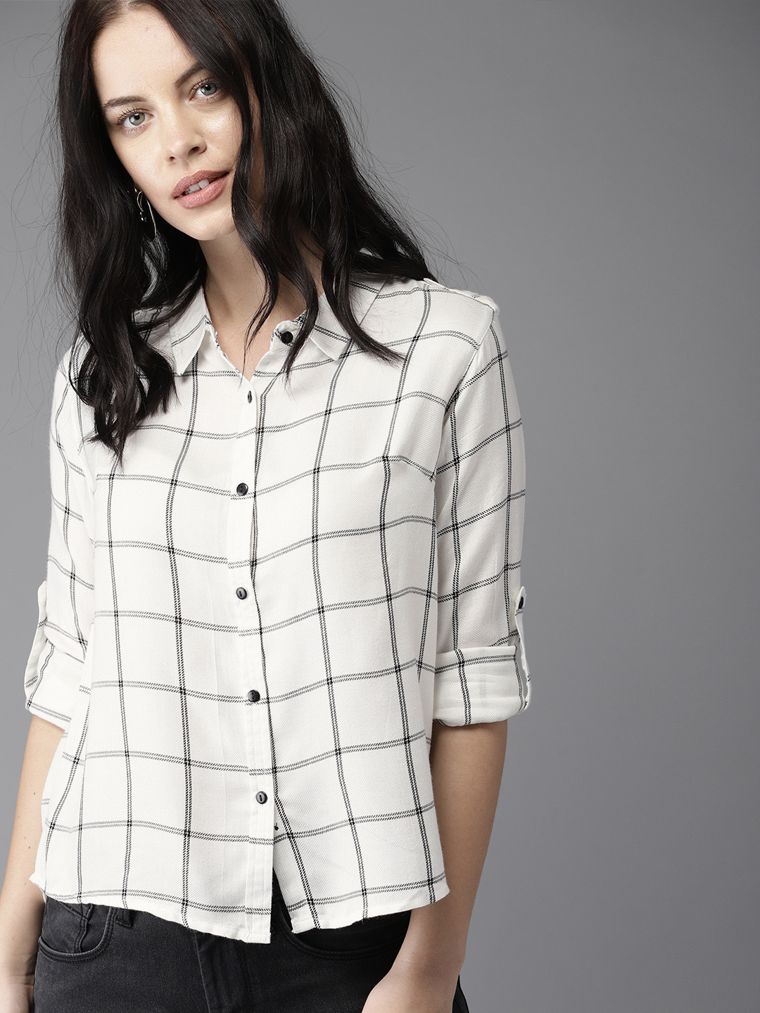 

HERE&NOW Women White & Black High-Low Hem Casual Shirt