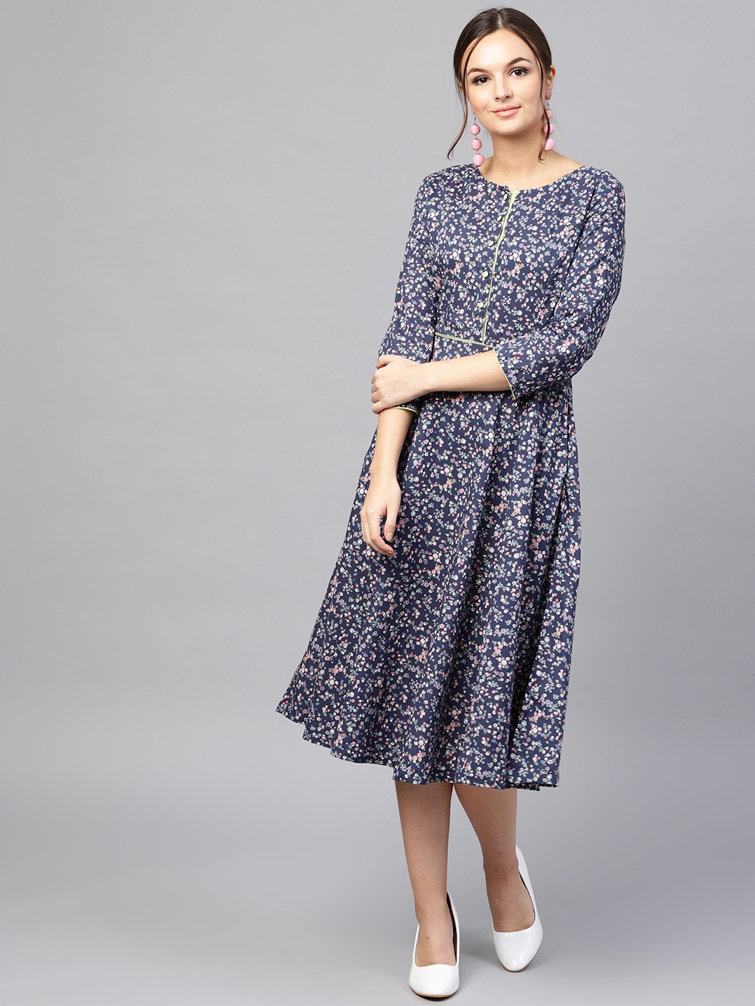 

SASSAFRAS Navy Blue & Pink Floral Printed Cotton Fit and Flare Dress