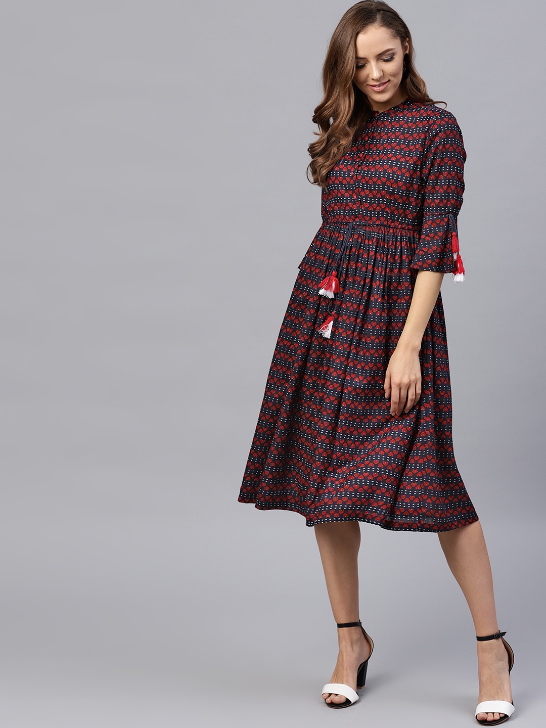 

SASSAFRAS Women Navy Blue & Red Printed A-Line Dress