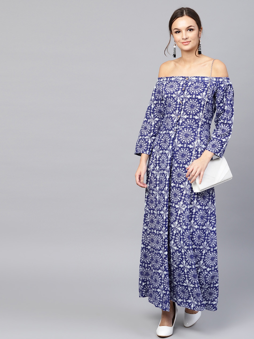 

SASSAFRAS Women Blue & White Printed Bardot Maxi Dress