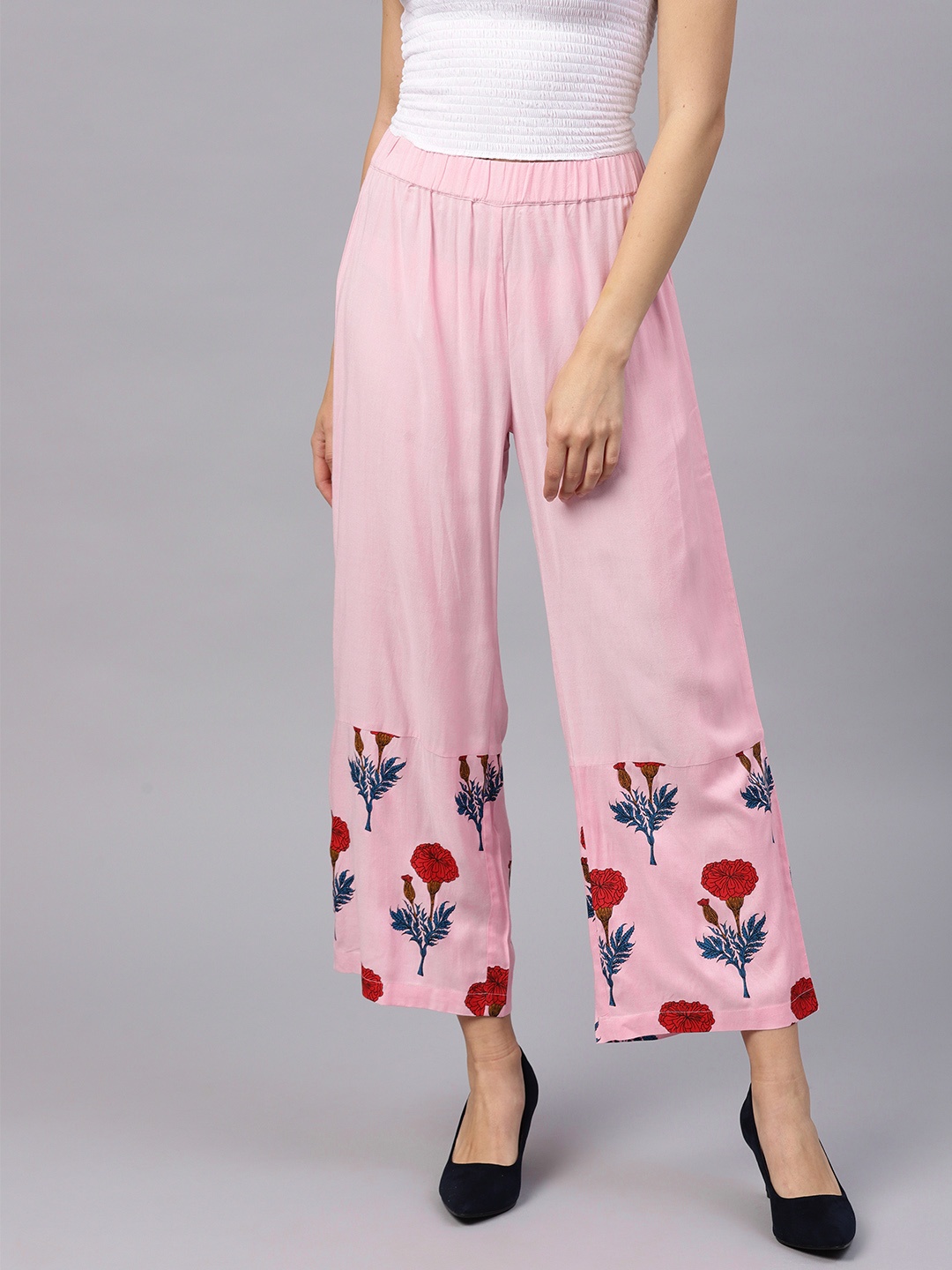 

SASSAFRAS Women Pink & Red Hem Design Straight Palazzos