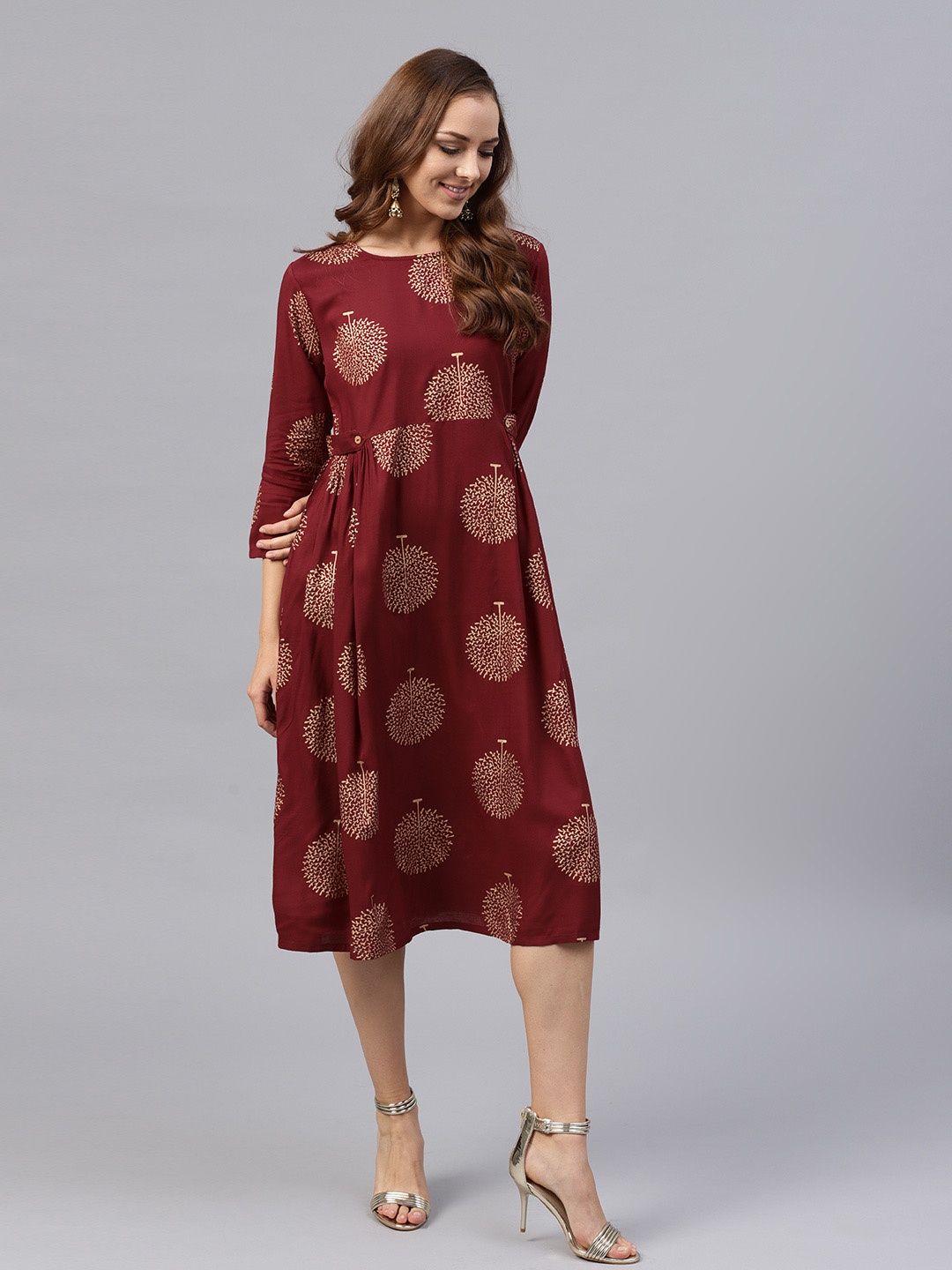 

SASSAFRAS Women Maroon & Golden Printed Empire Dress