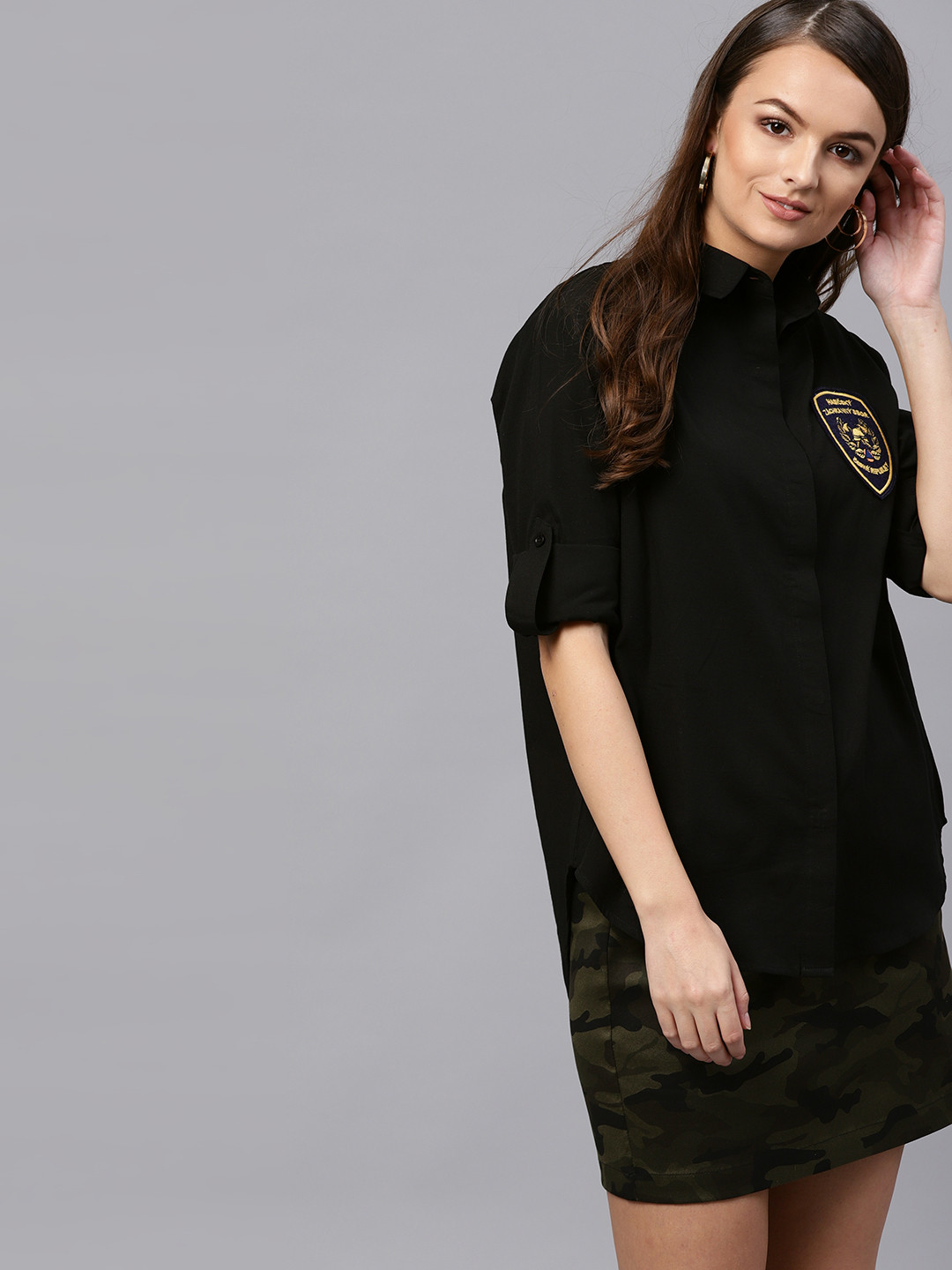 

SASSAFRAS Women Black Solid Regular Fit Casual Shirt